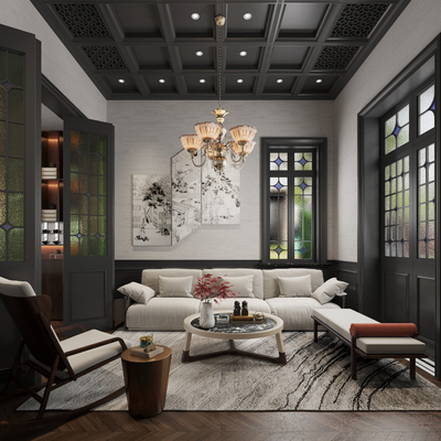  美式会客厅su模型 