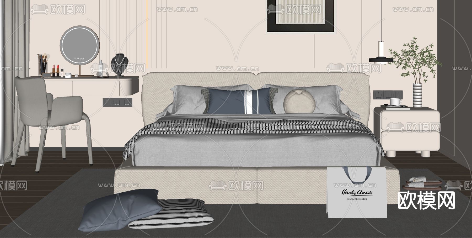 现代双人床su模型下载（渲染图2）