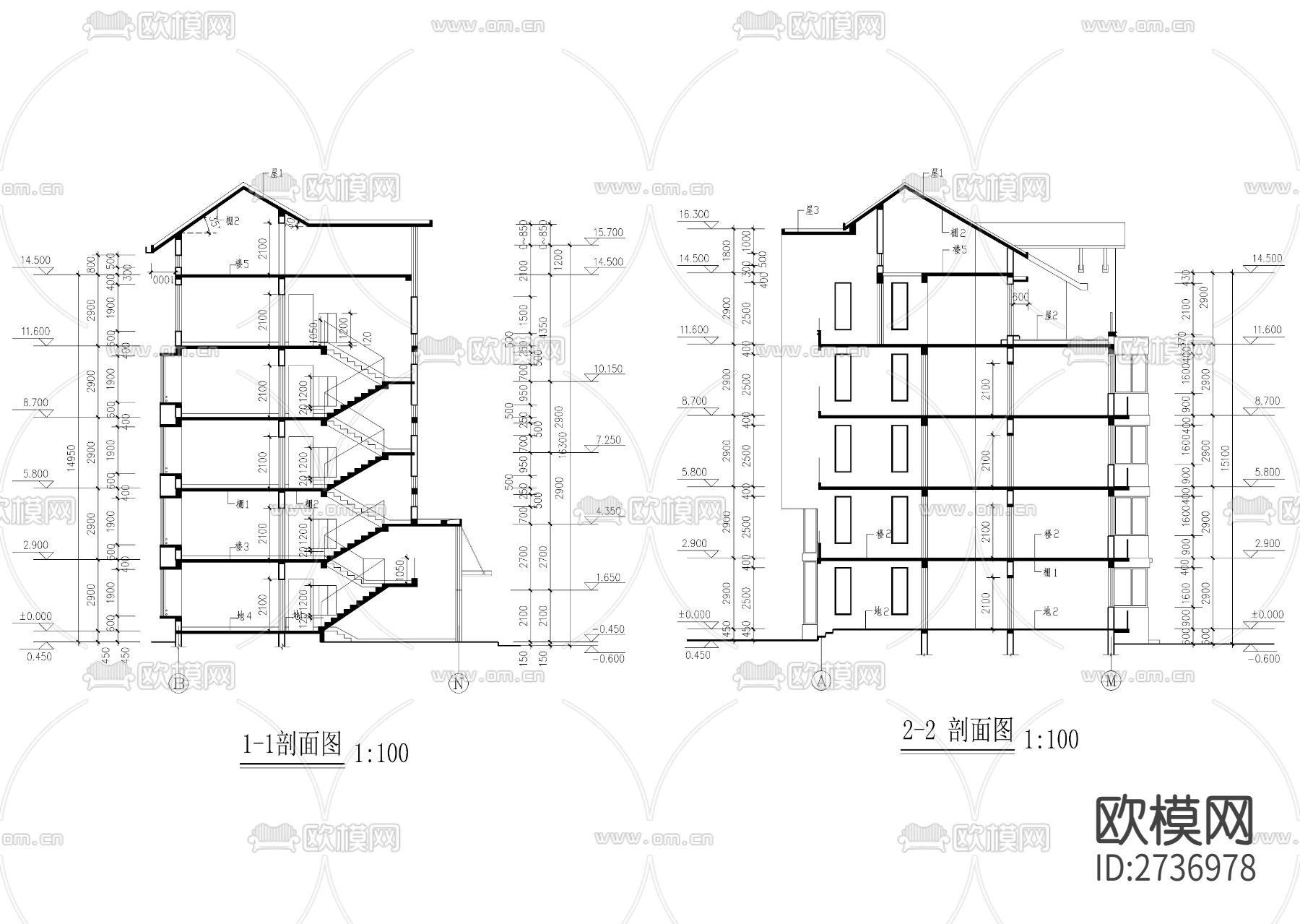 五层坡屋顶全套建筑cad施工图下载（渲染图9）