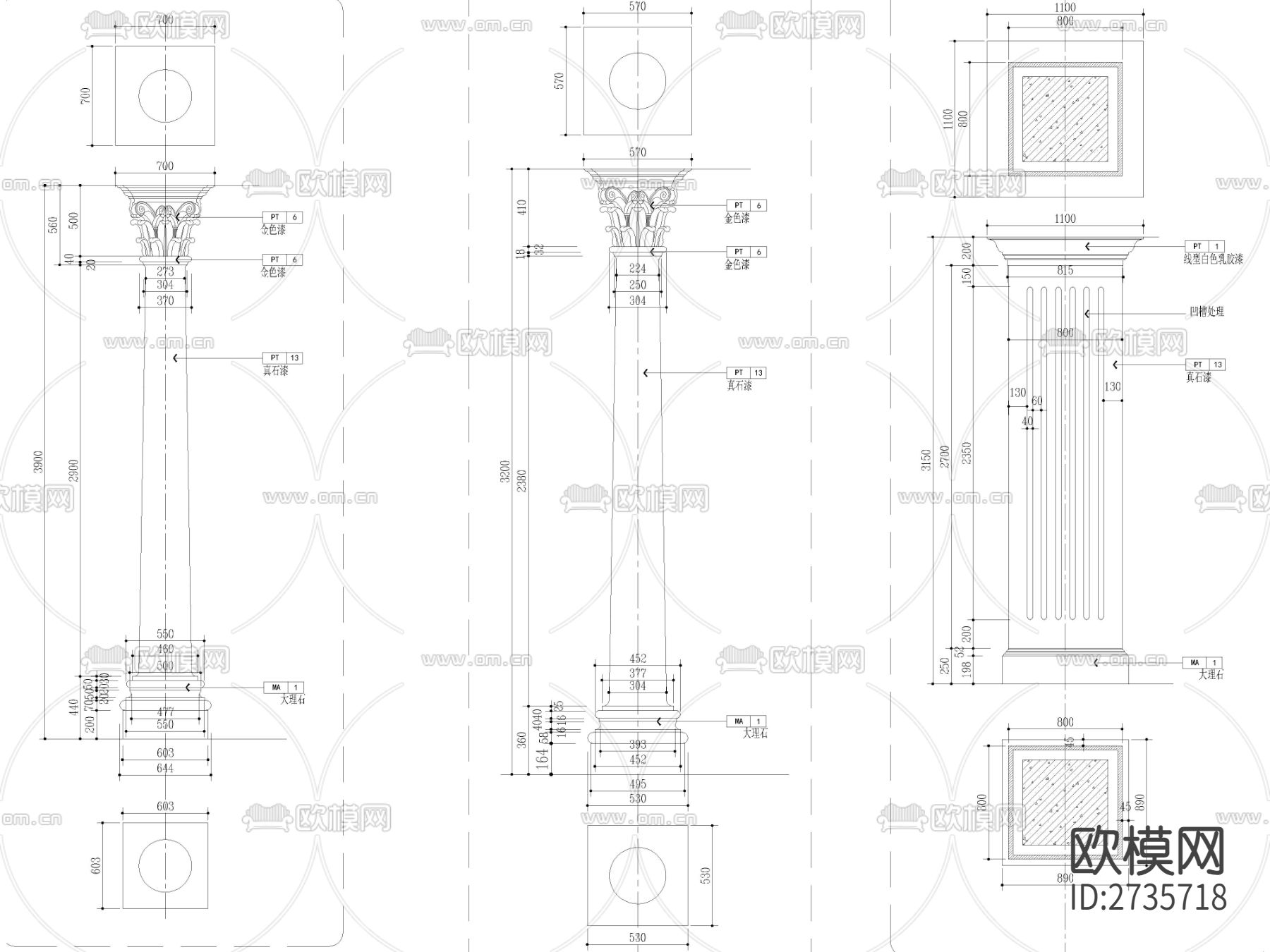 欧式立柱剖面 柱子大样CAD施工图下载
