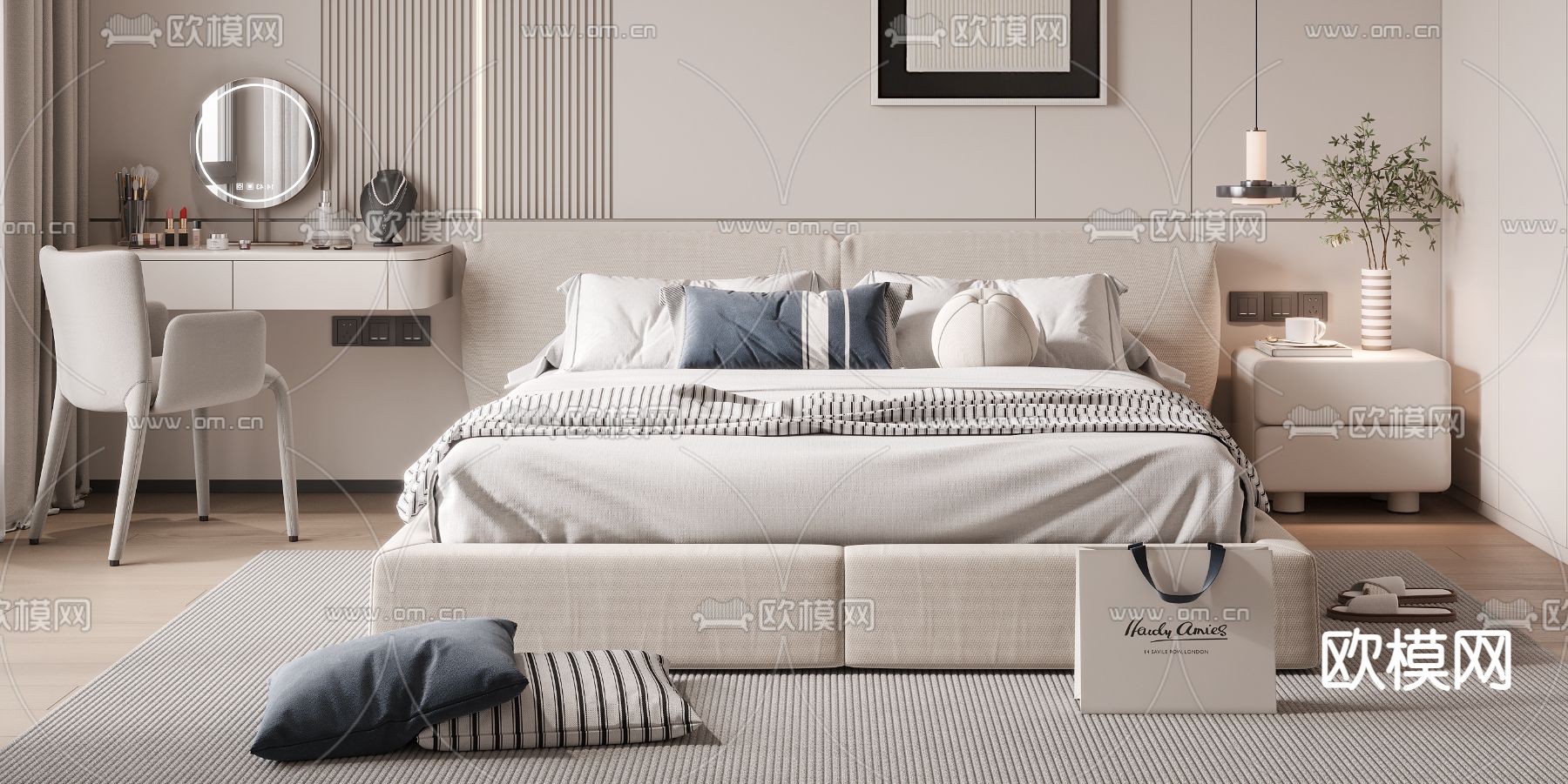 现代双人床su模型下载（渲染图1）