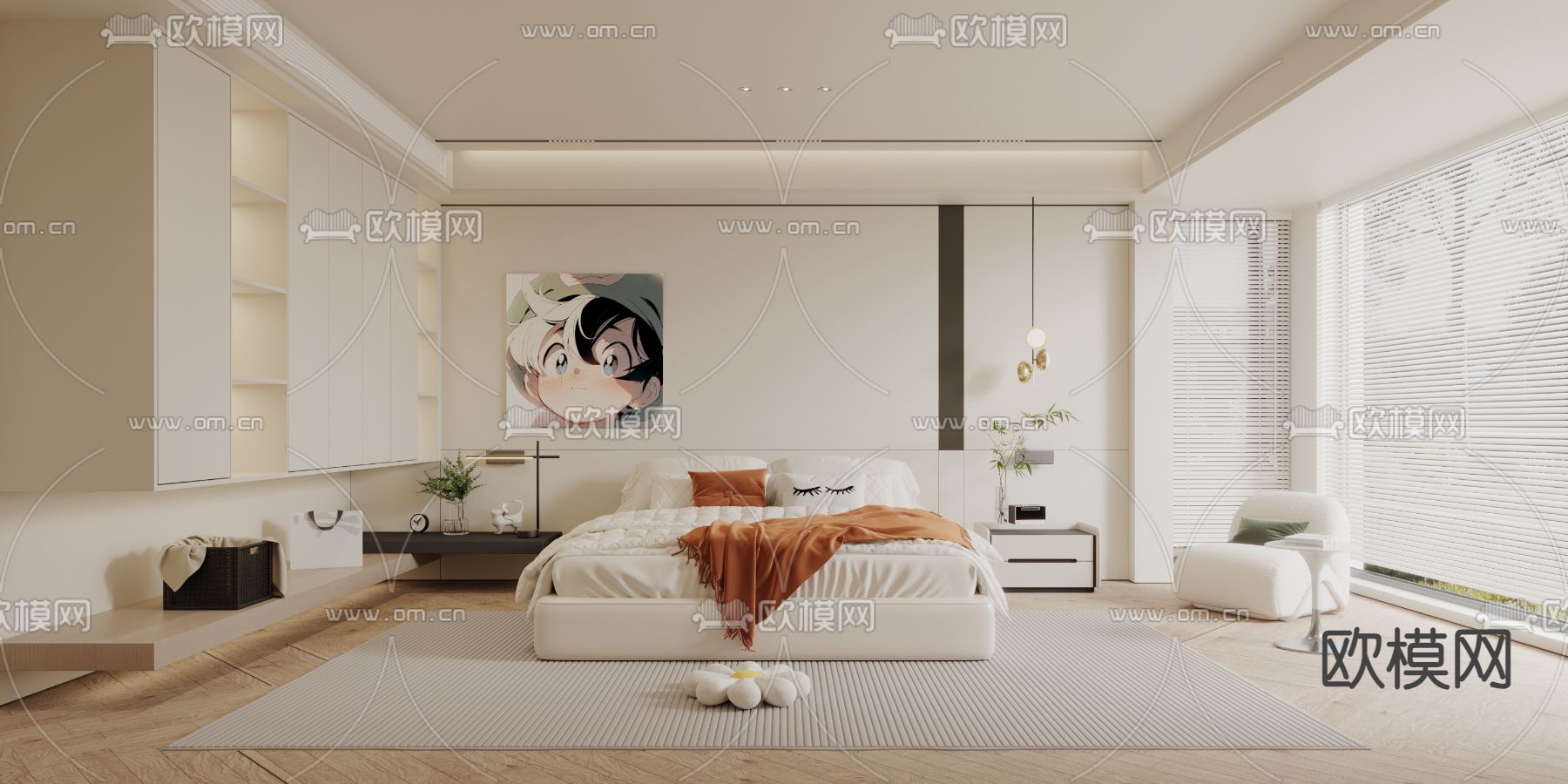 奶油风卧室 主人房su模型下载（渲染图1）