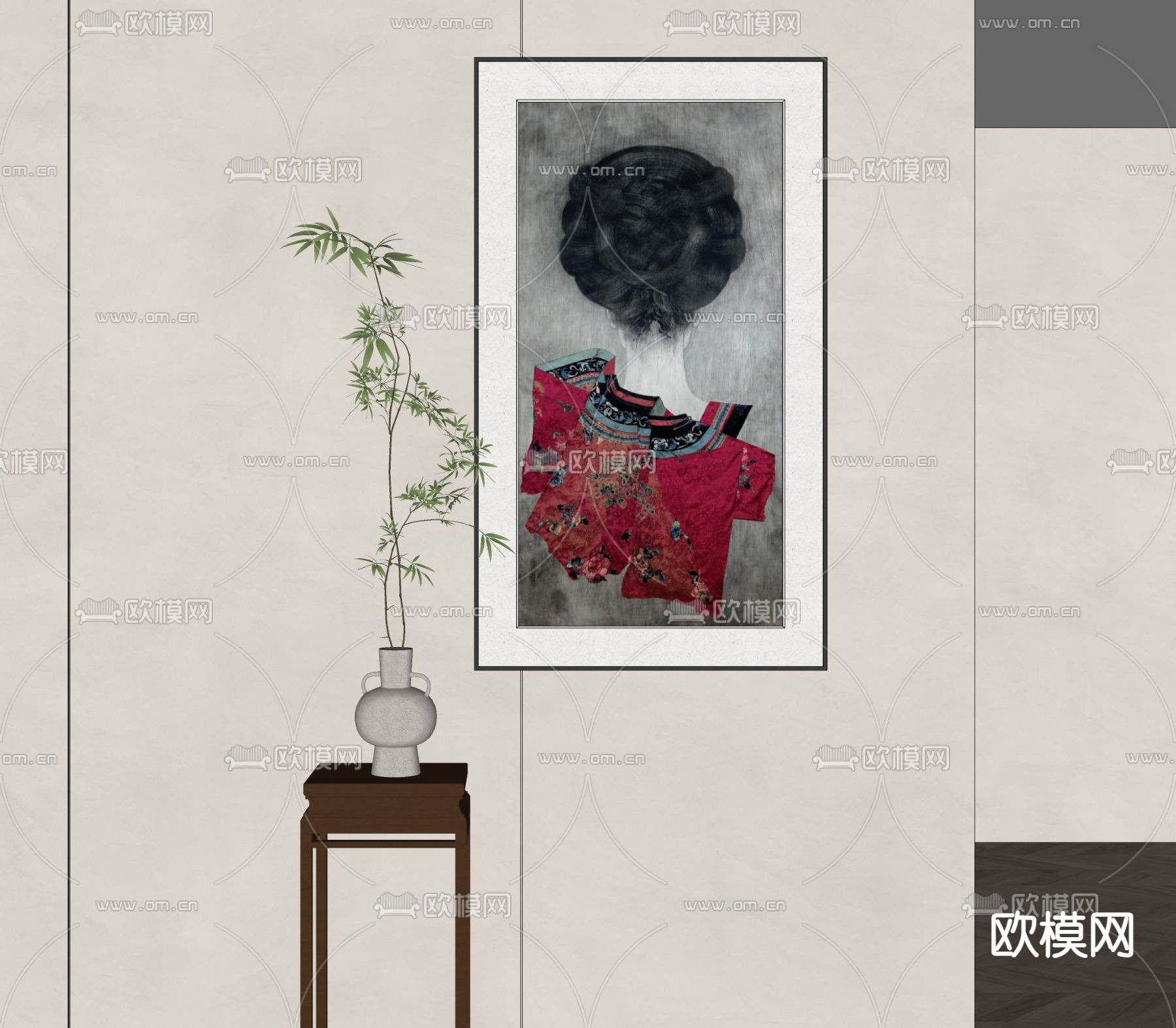 新中式人物艺术画su模型下载（渲染图2）