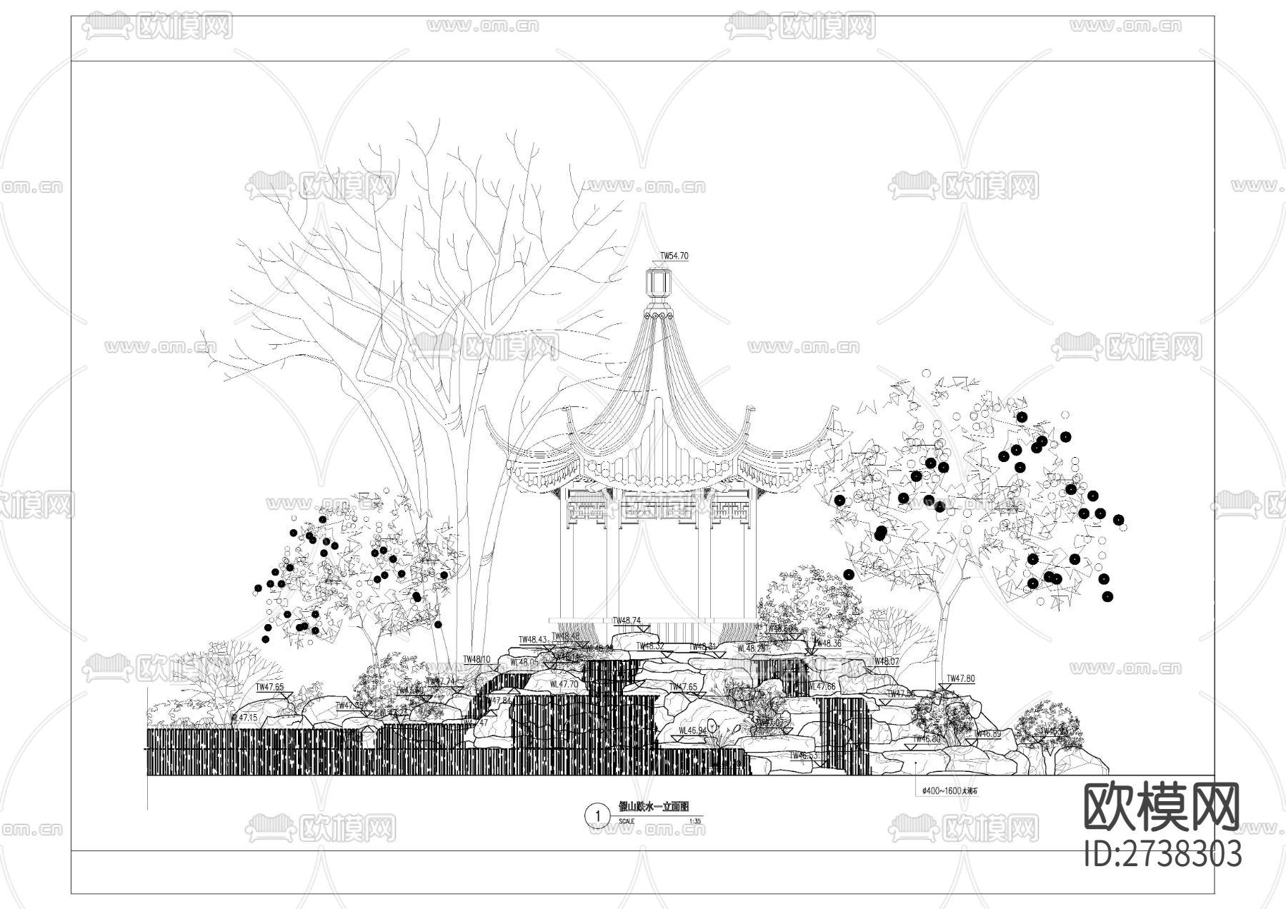 假山跌水节点大样下载（渲染图1）