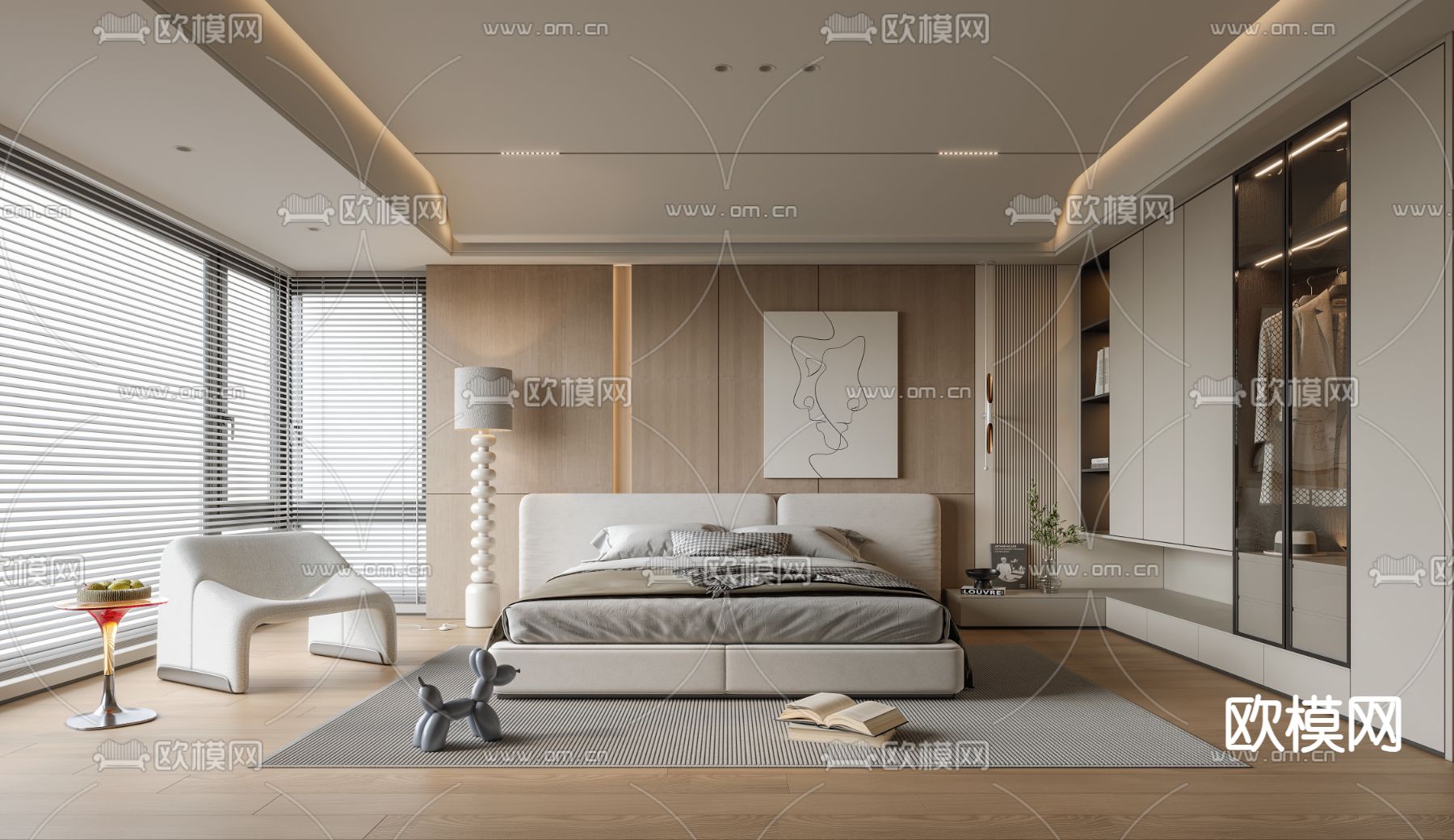 奶油风卧室 主人房3d模型下载（渲染图1）