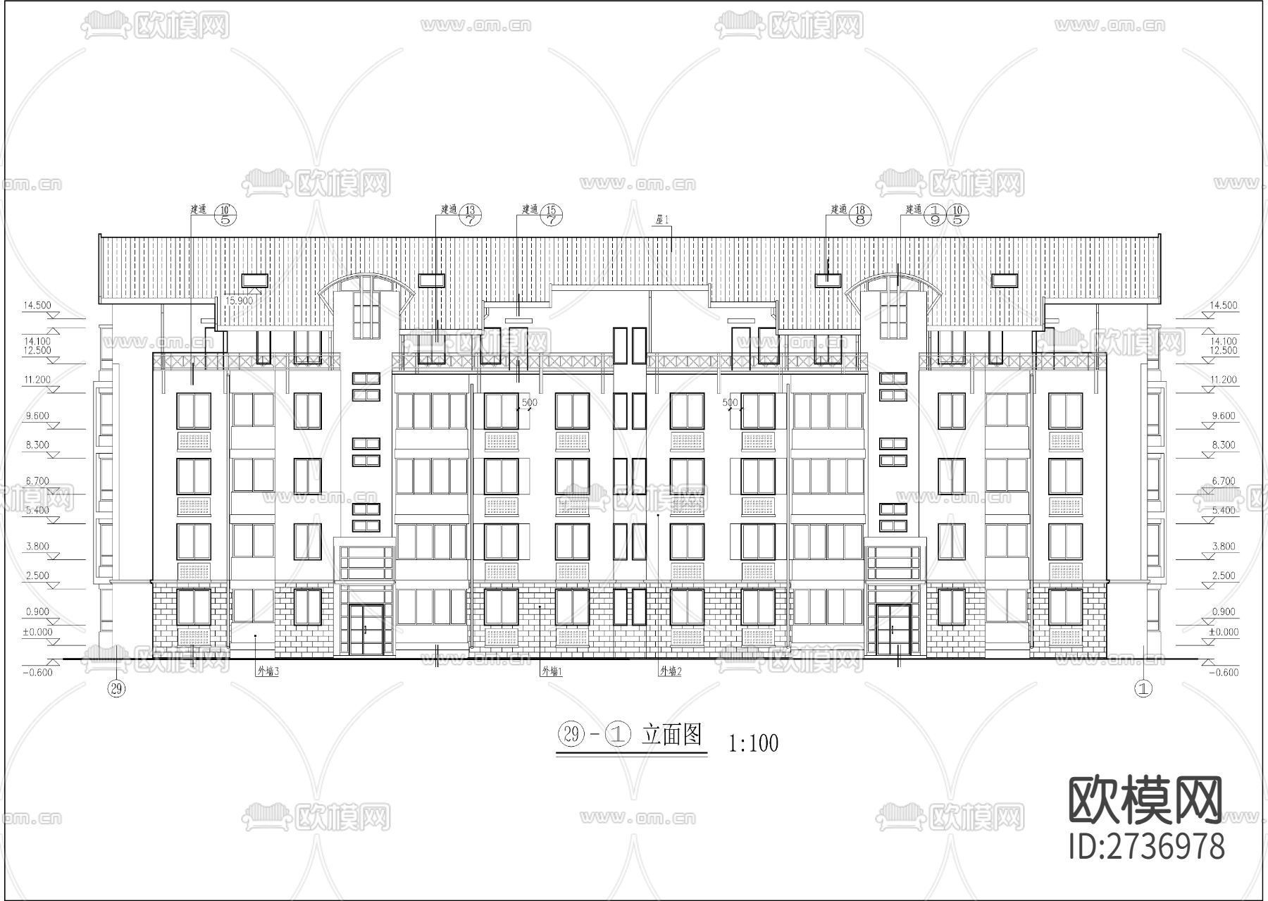 五层坡屋顶全套建筑cad施工图下载（渲染图1）