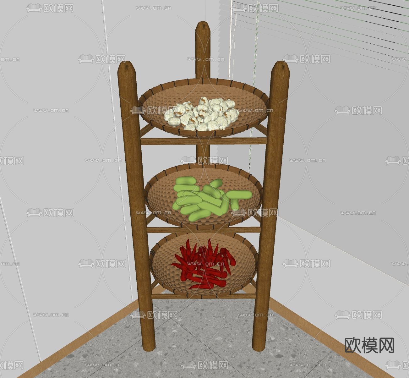 中式置物架 架子 竹筛子su模型下载（渲染图2）