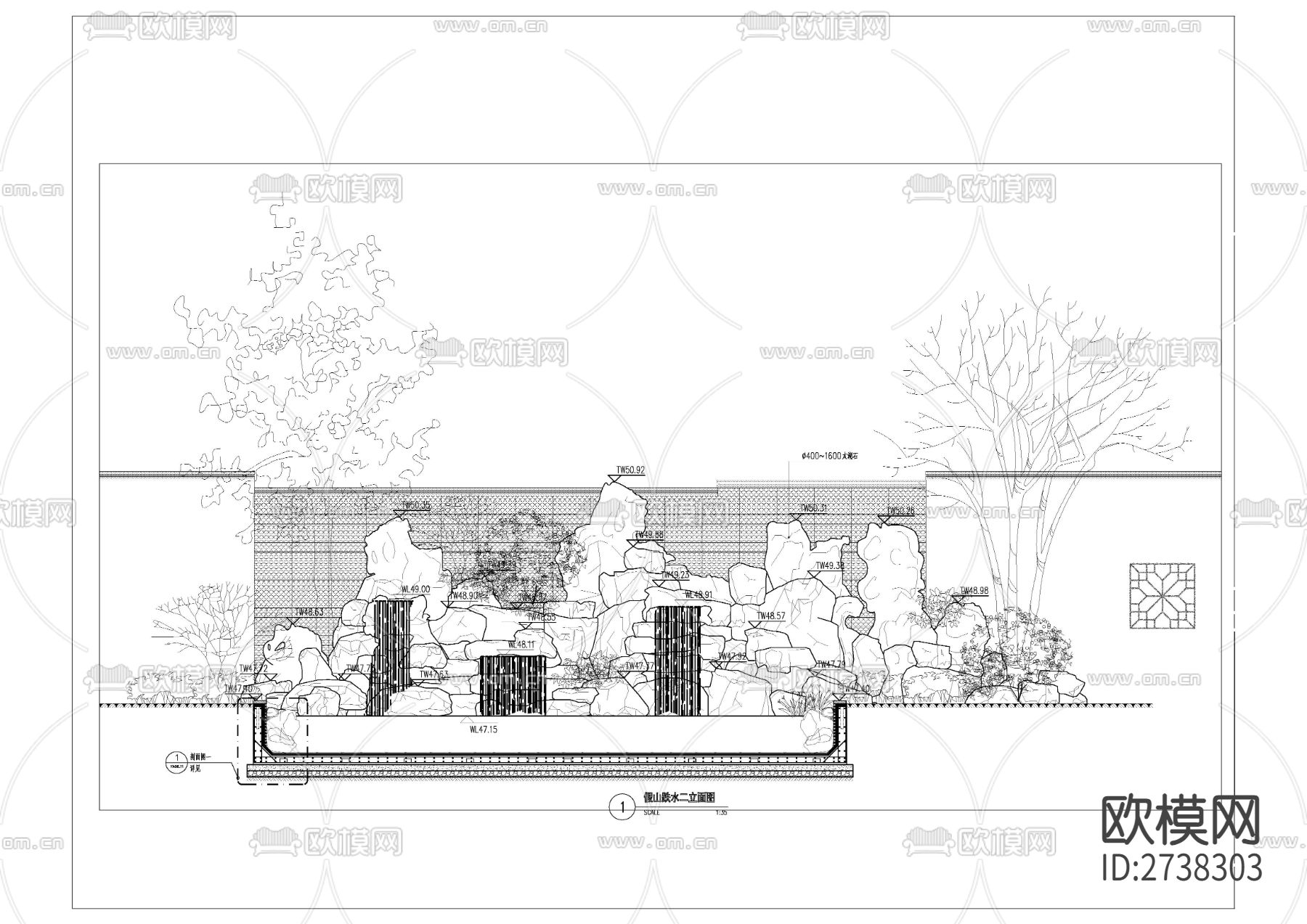 假山跌水节点大样下载（渲染图3）