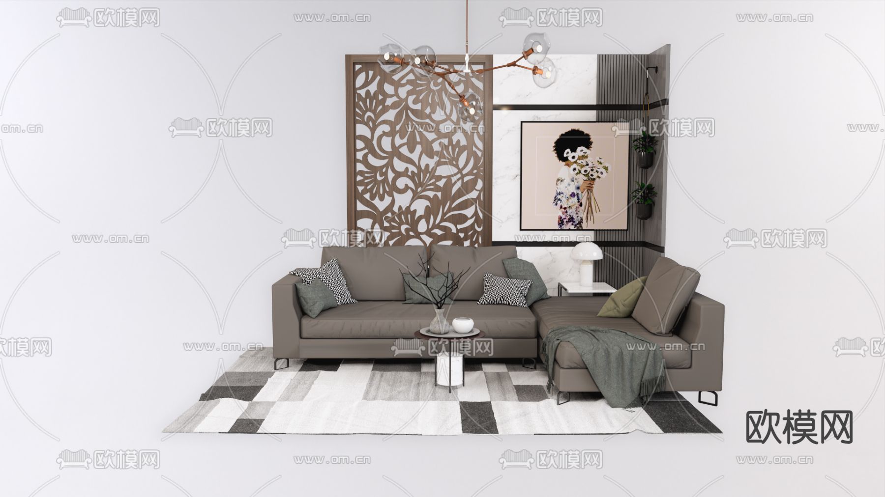 简欧组合沙发su模型下载（渲染图1）