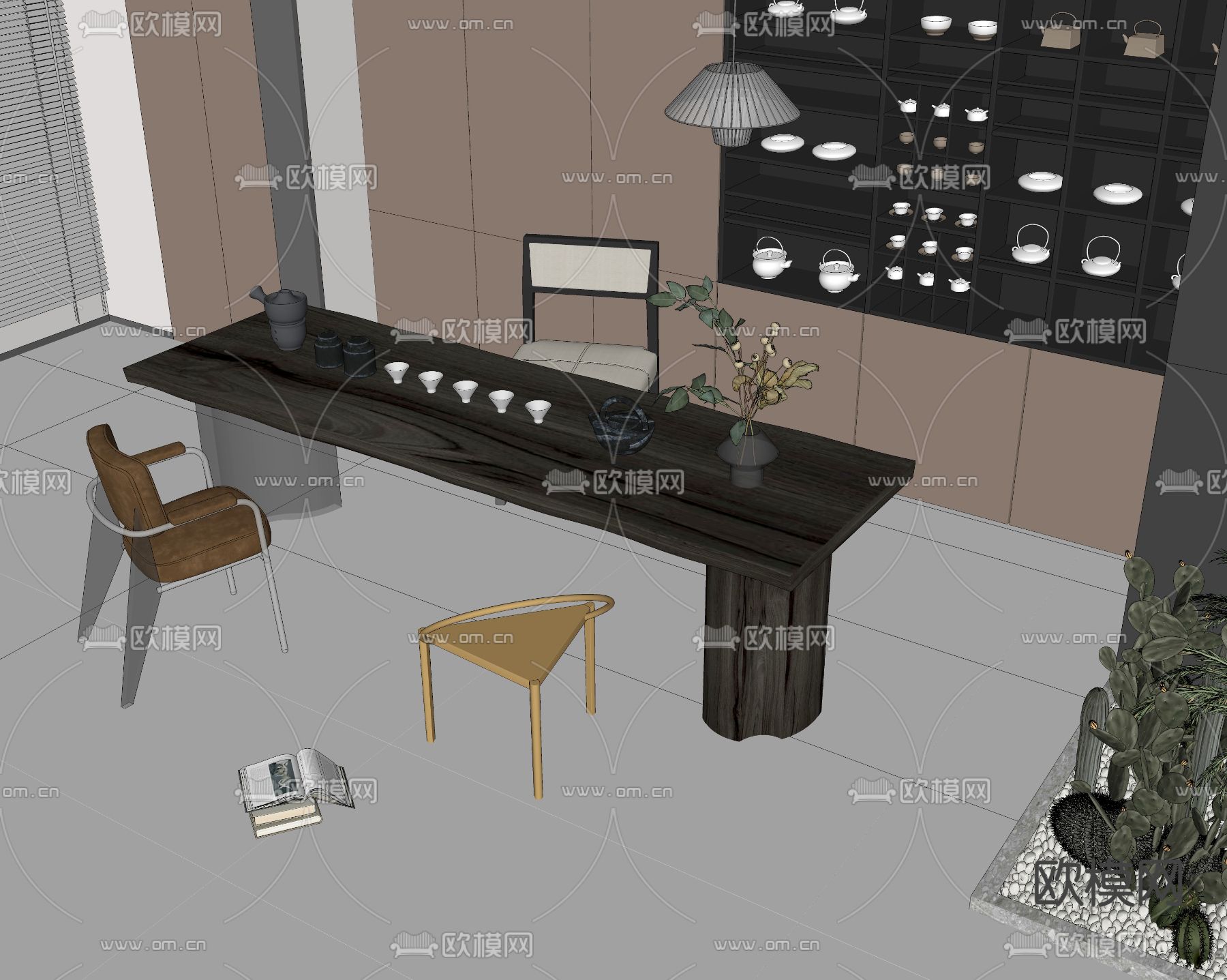 新中式茶桌 茶台su模型下载（渲染图2）