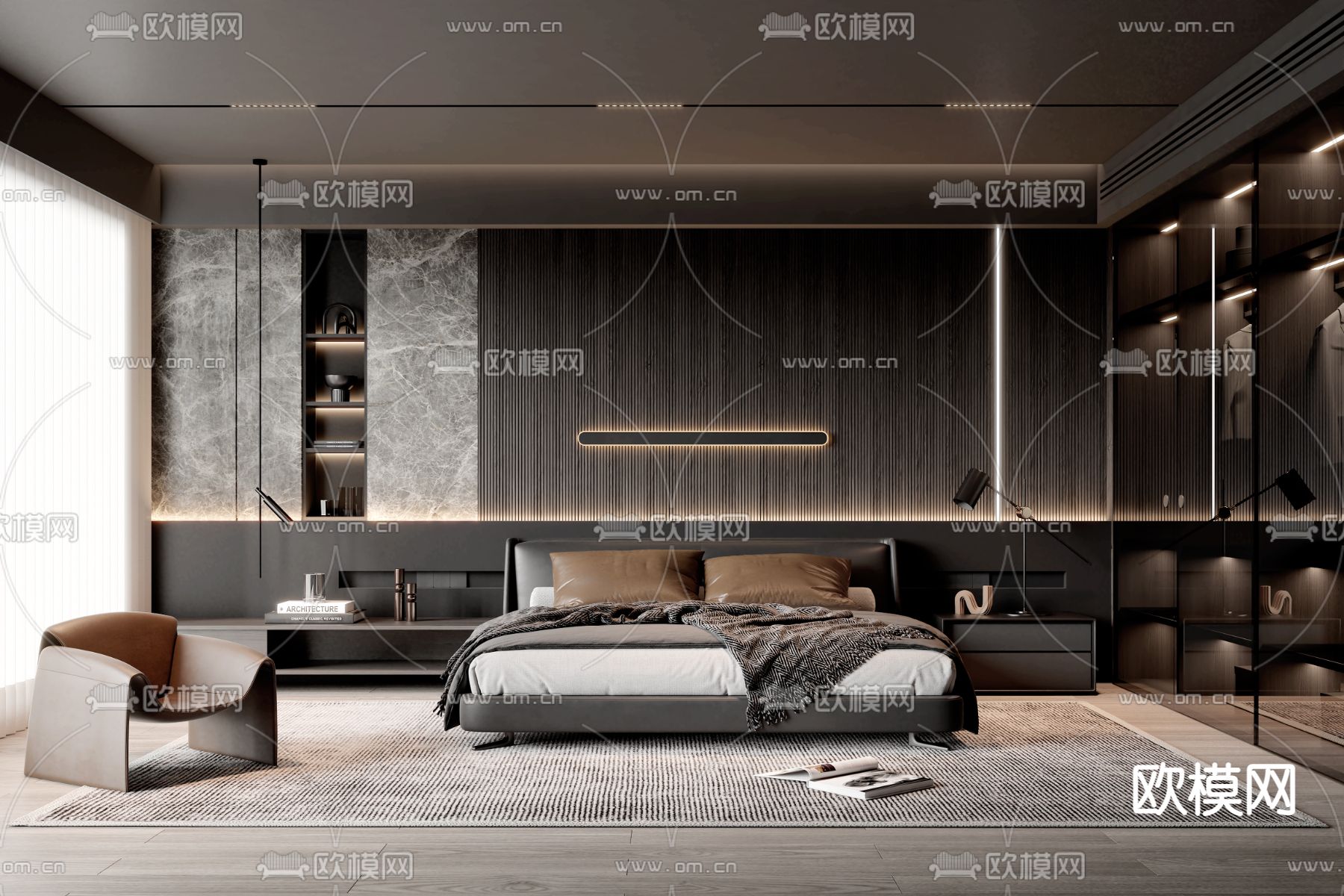 暗黑风卧室 主人房su模型下载（渲染图1）