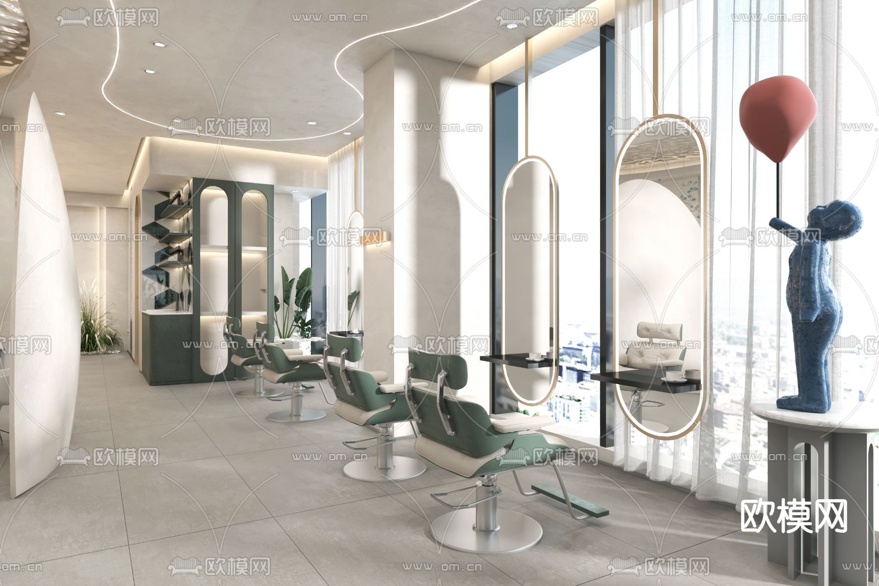 轻奢理发店su模型下载（渲染图1）