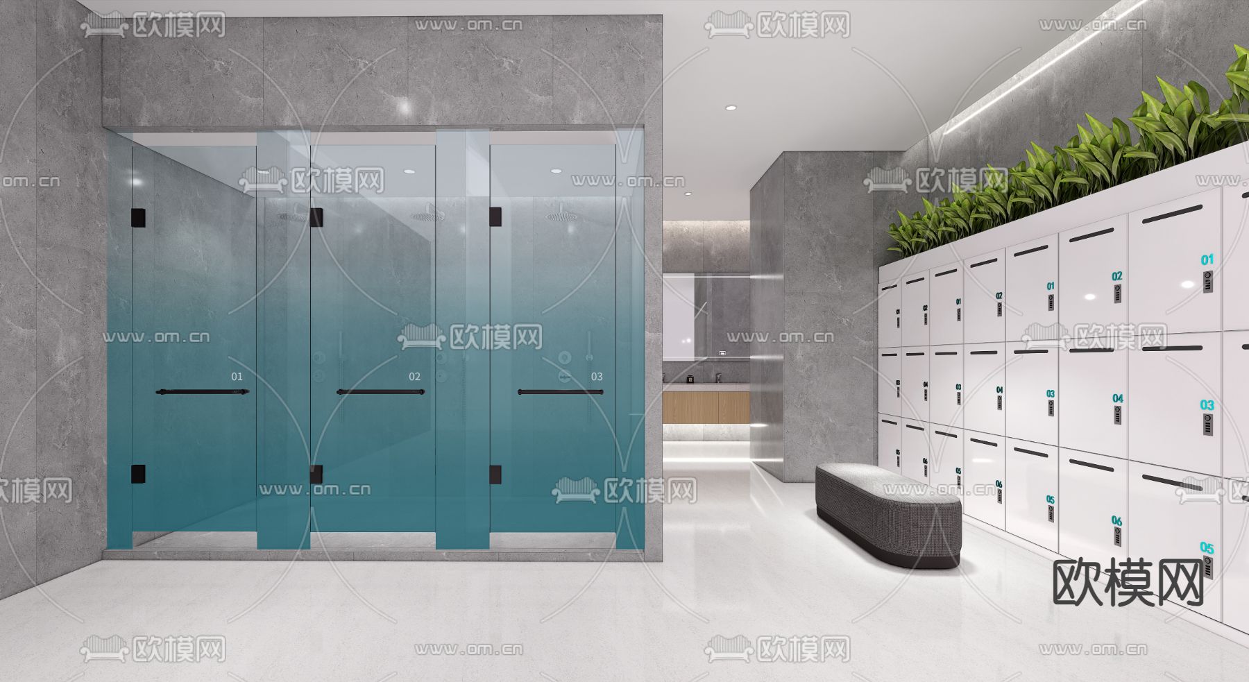 现代公共淋浴间su模型下载（渲染图1）