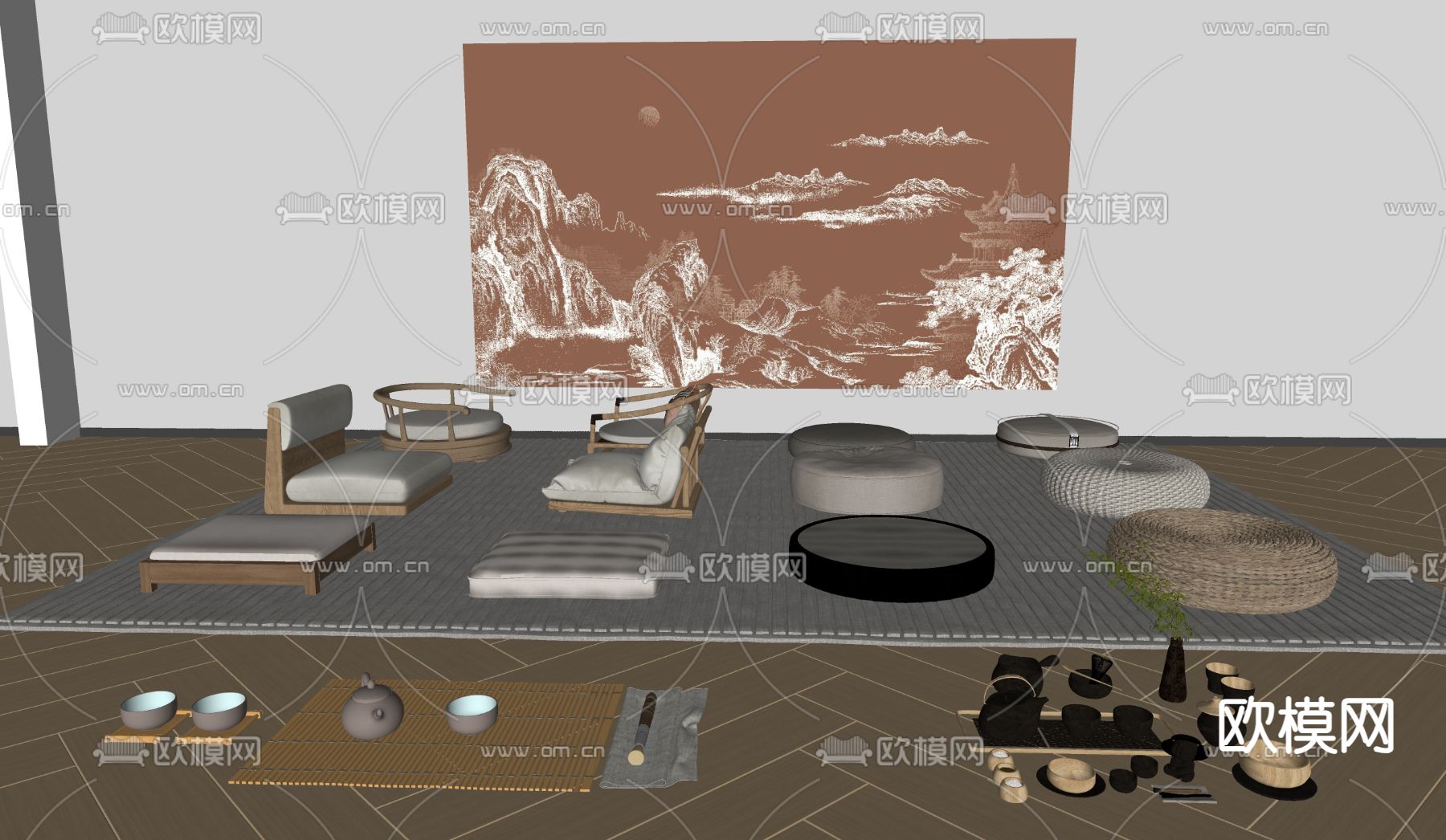日式榻榻米蒲团 坐垫su模型下载（渲染图2）