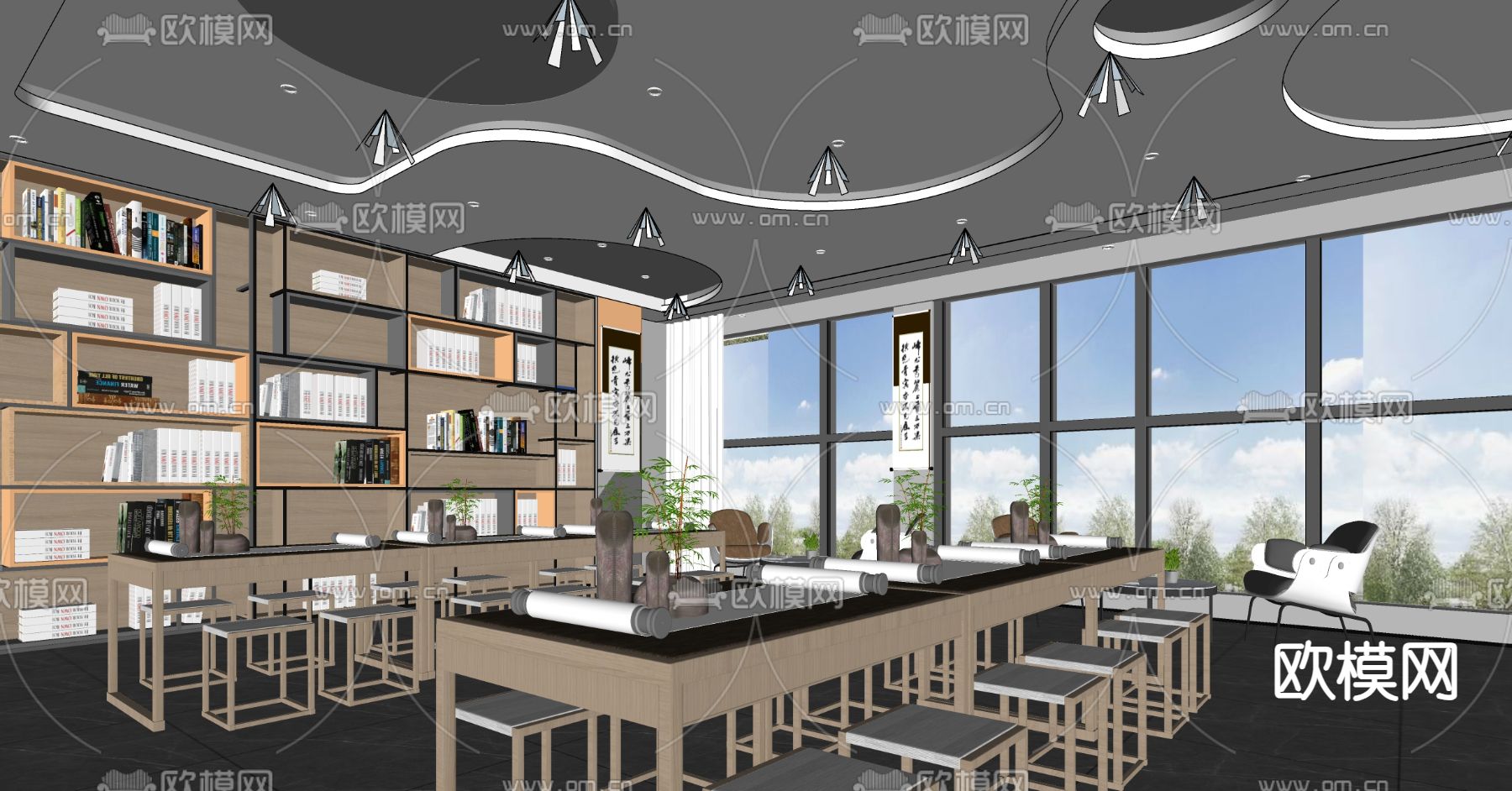 现代书法教室 书法桌椅su模型下载（渲染图2）