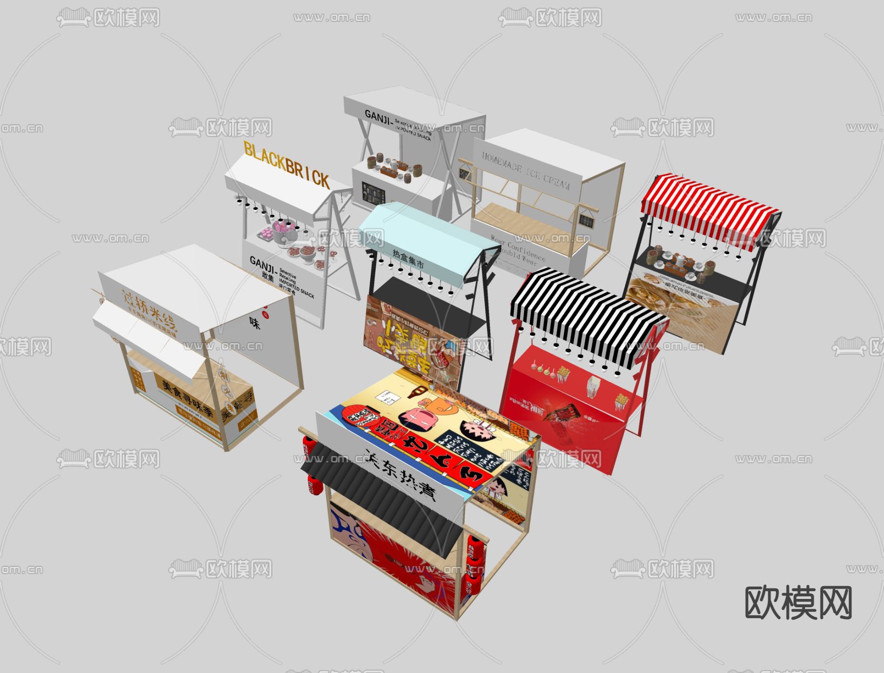 网红小吃摊 市集摊位su模型下载（渲染图2）