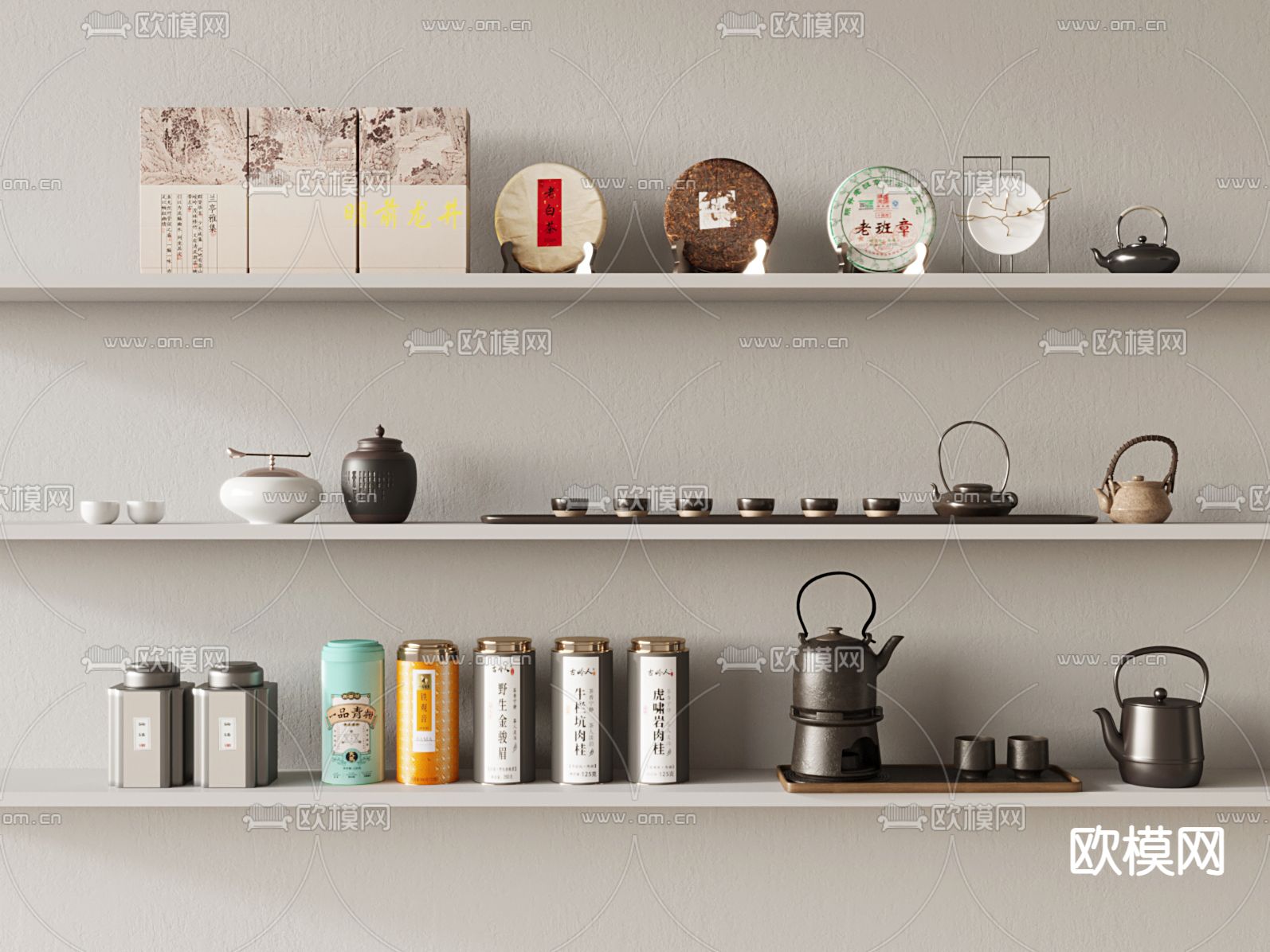 新中式茶具 茶饼 茶壶 茶叶罐su模型下载（渲染图1）