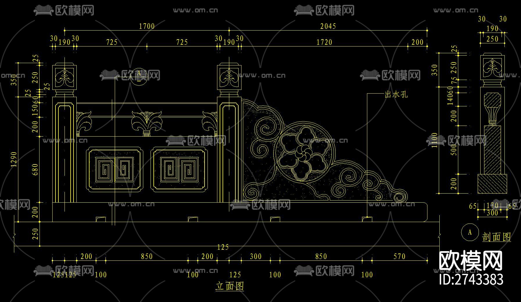 石材栏杆cad大样图下载（渲染图1）