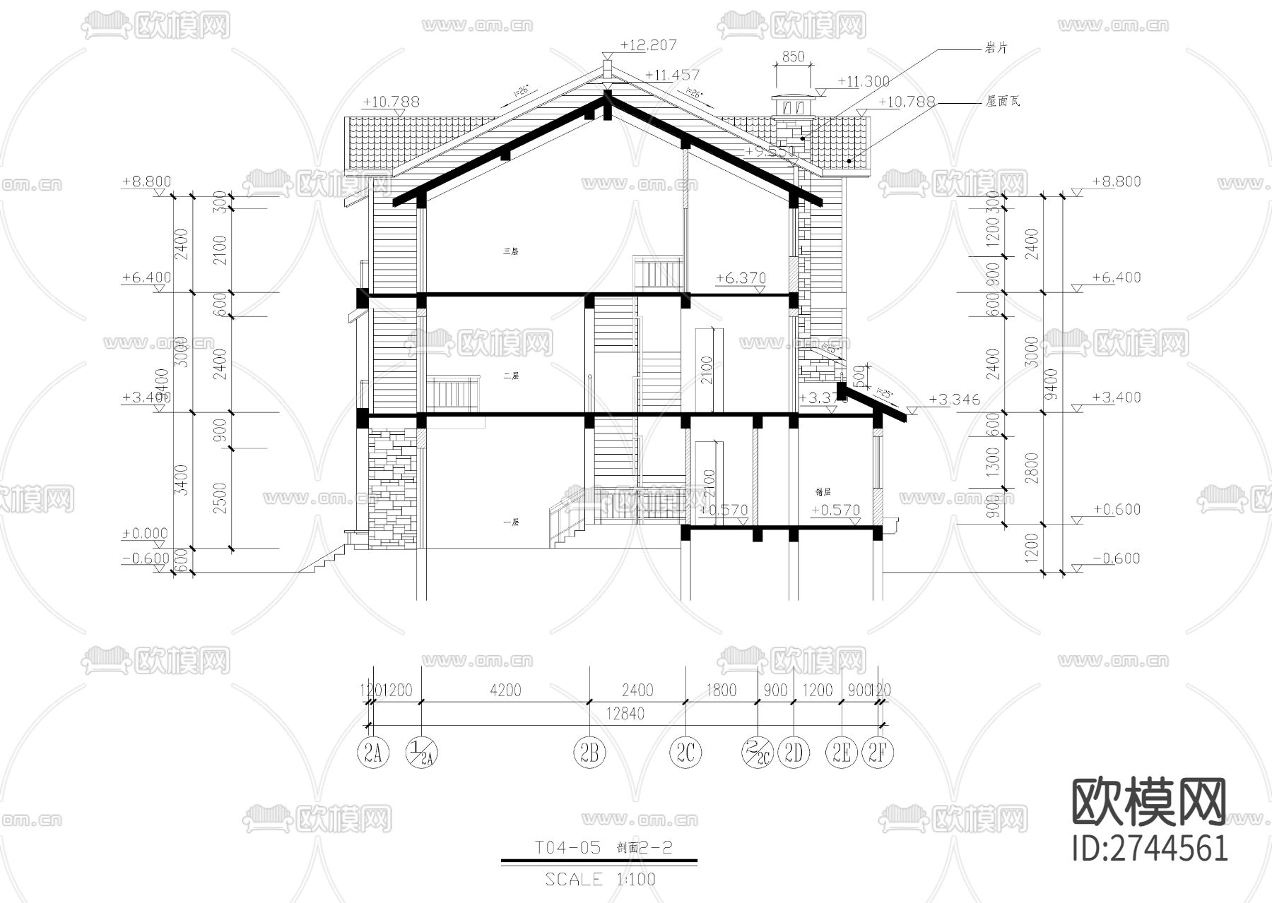三层古典坡屋顶联排别墅CAD施工图下载（渲染图7）