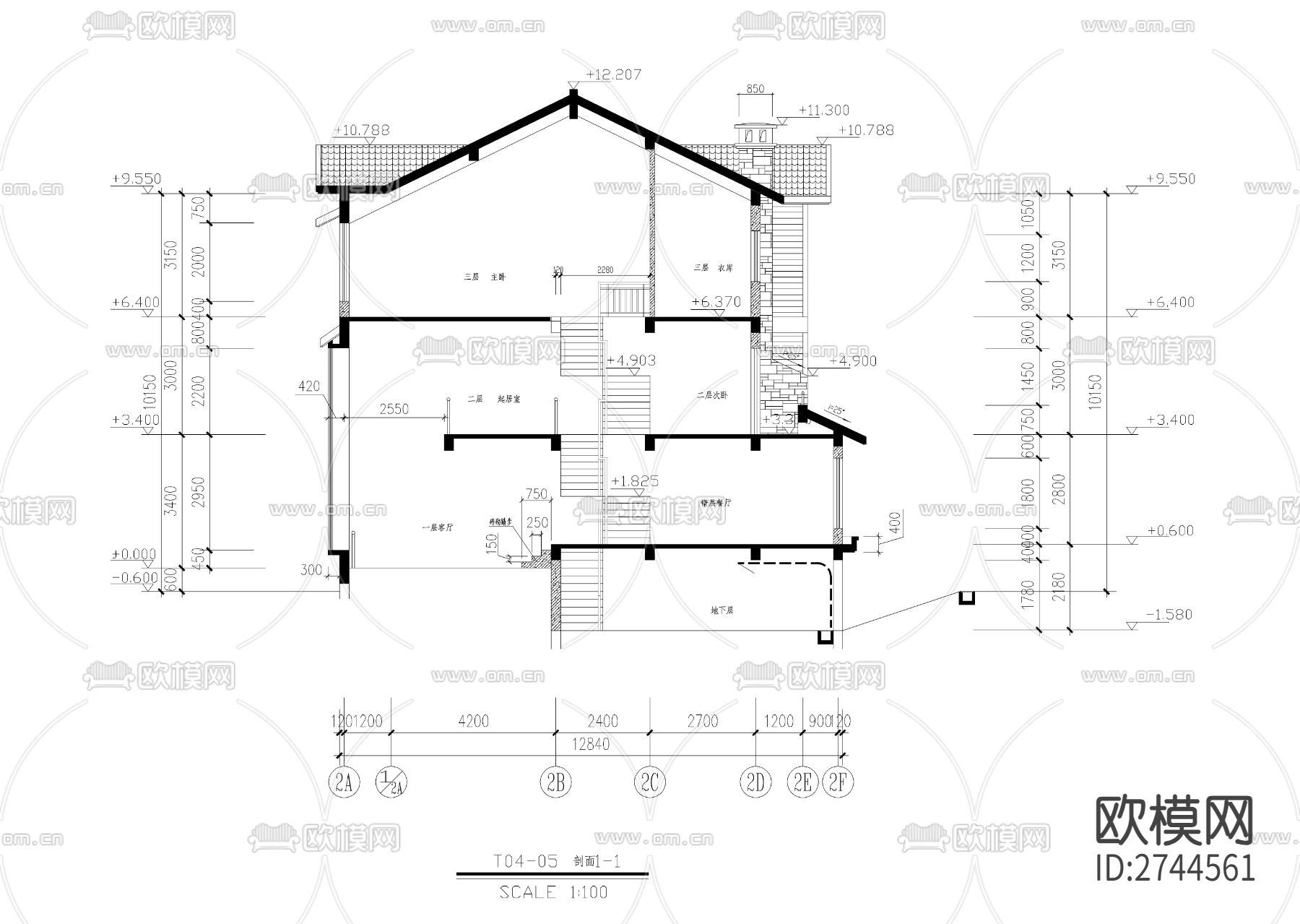 三层古典坡屋顶联排别墅CAD施工图下载（渲染图8）