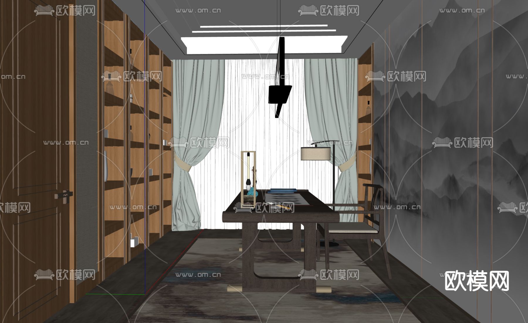 新中式书房su模型下载（渲染图2）