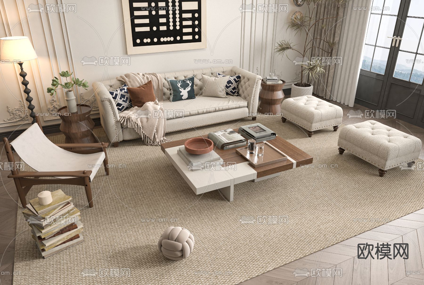 法式组合沙发su模型下载（渲染图1）
