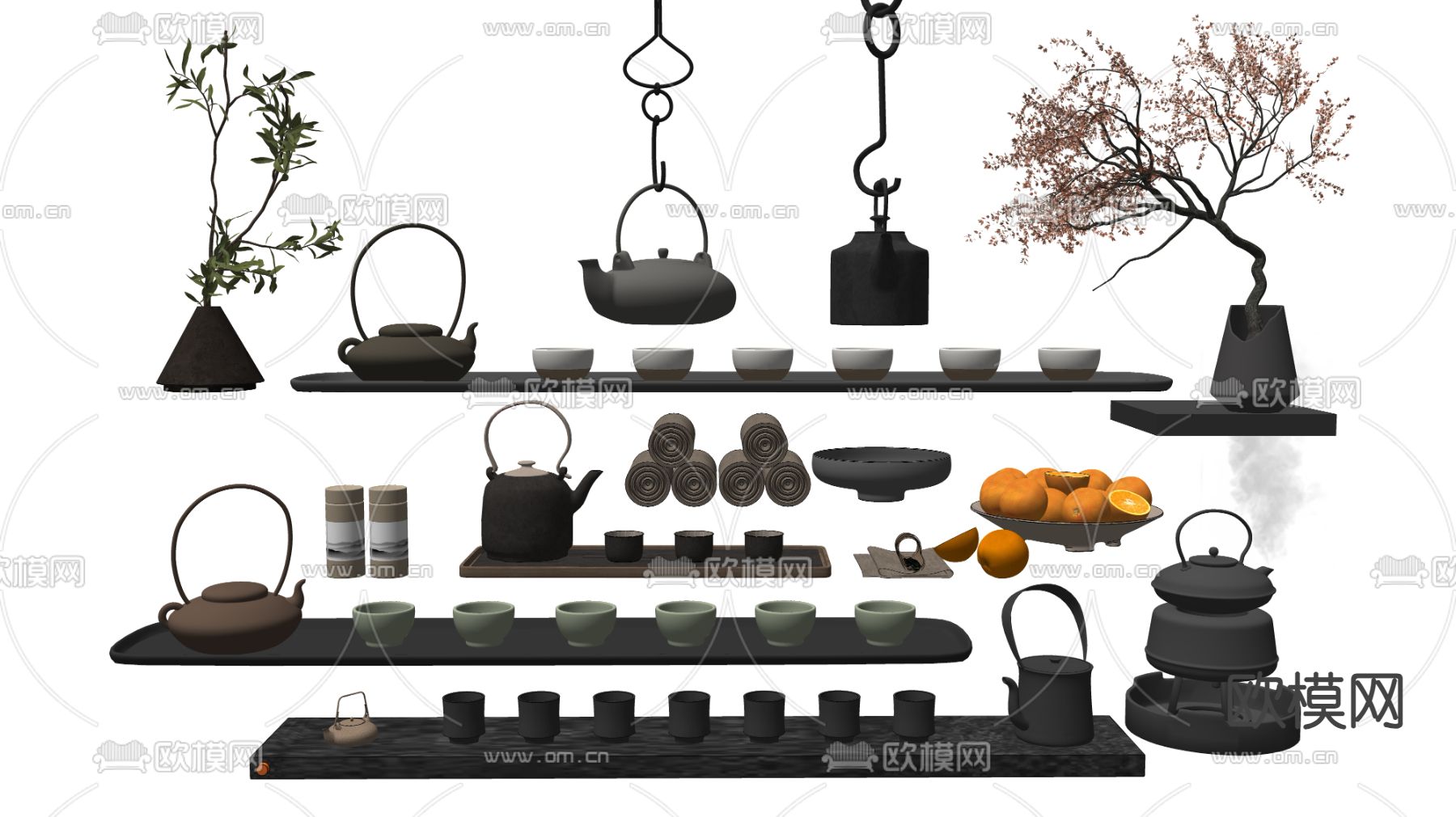 新中式茶具 茶杯 悬挂茶壶su模型下载（渲染图2）