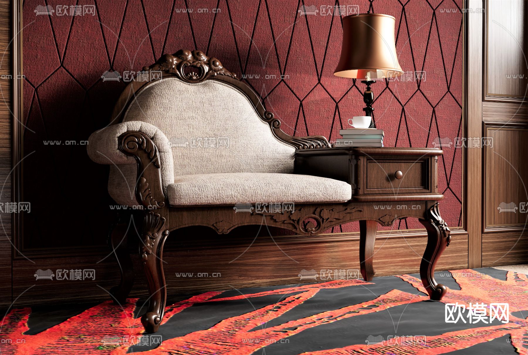 欧式古典单人沙发su模型下载（渲染图1）