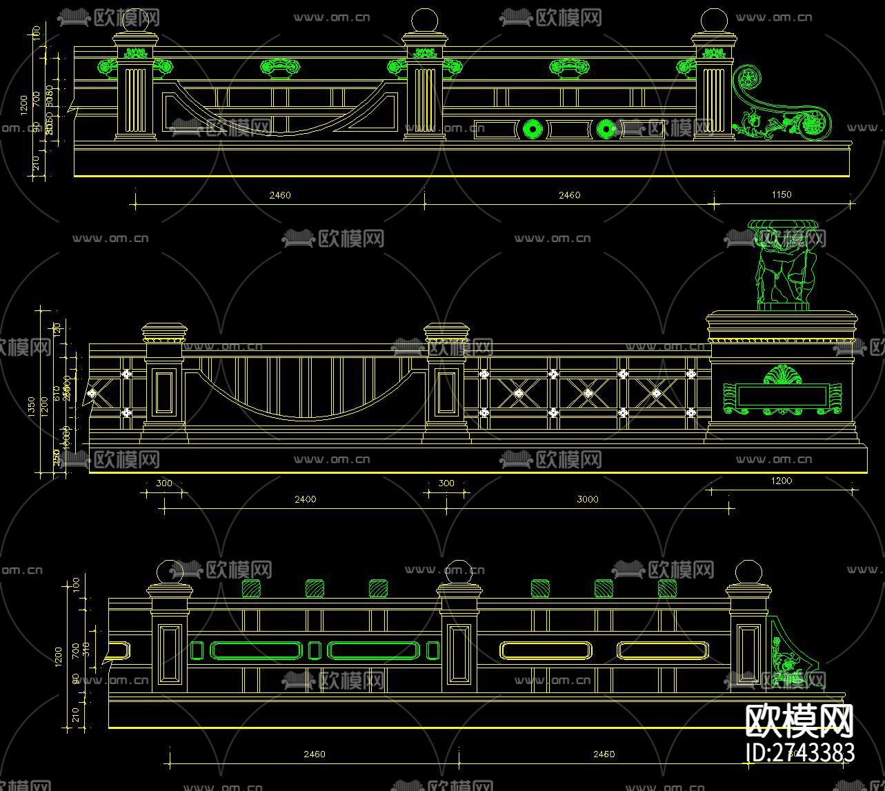 石材栏杆cad大样图下载（渲染图3）