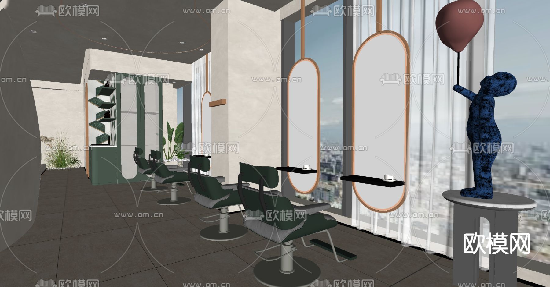轻奢理发店su模型下载（渲染图2）