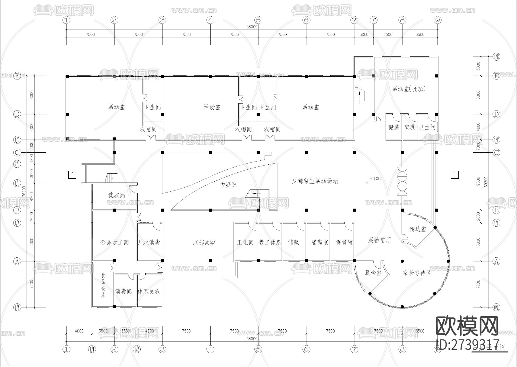 三层幼儿园建筑CAD施工图下载（渲染图1）