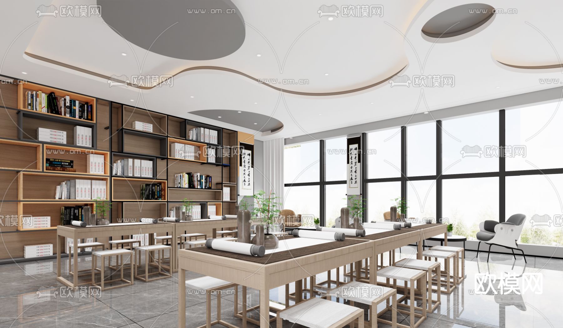 现代书法教室 书法桌椅su模型下载（渲染图1）