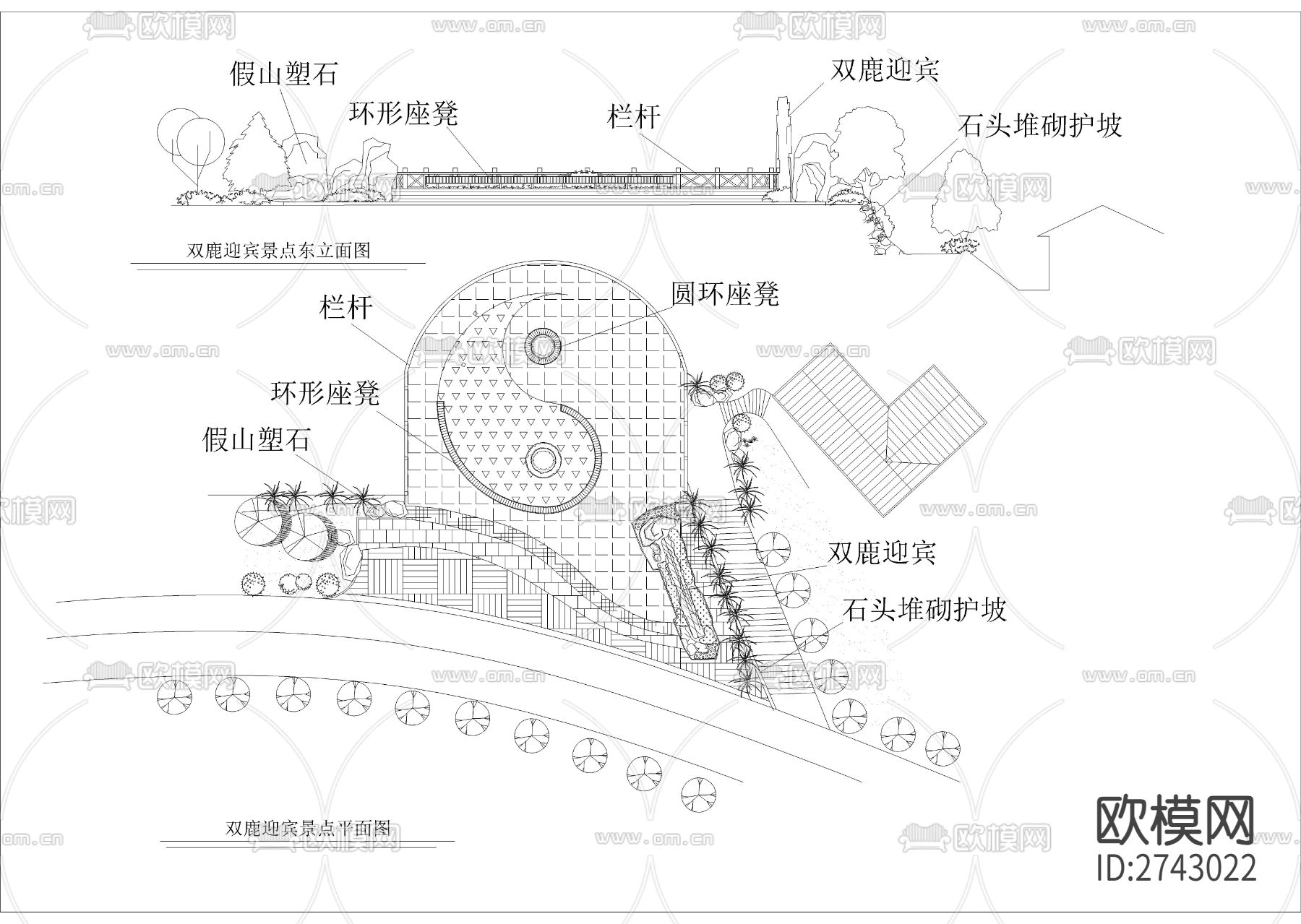 双鹿迎宾景点cad大样图下载（渲染图2）