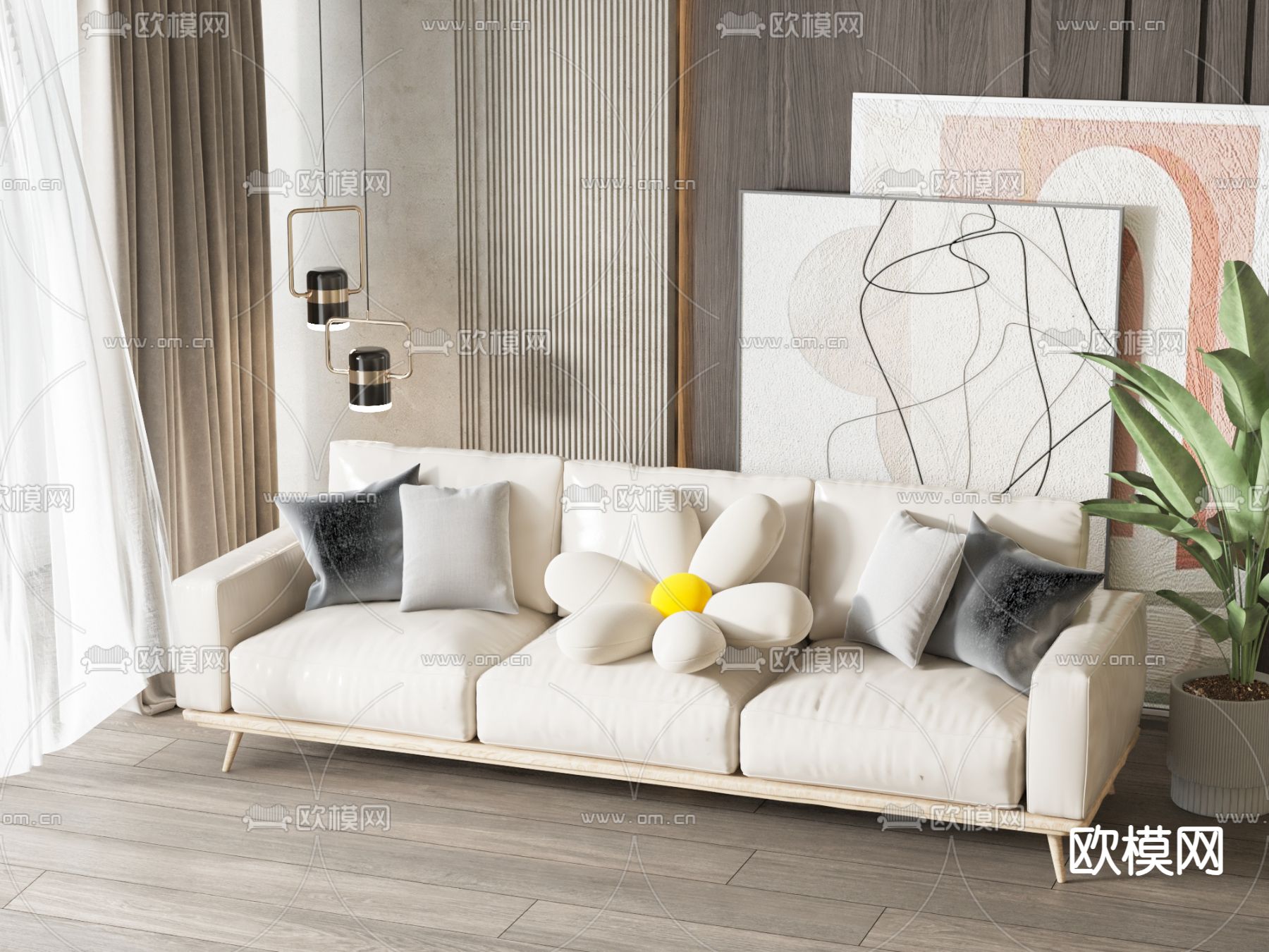 奶油风沙发 多人沙发 三人沙发3d模型下载