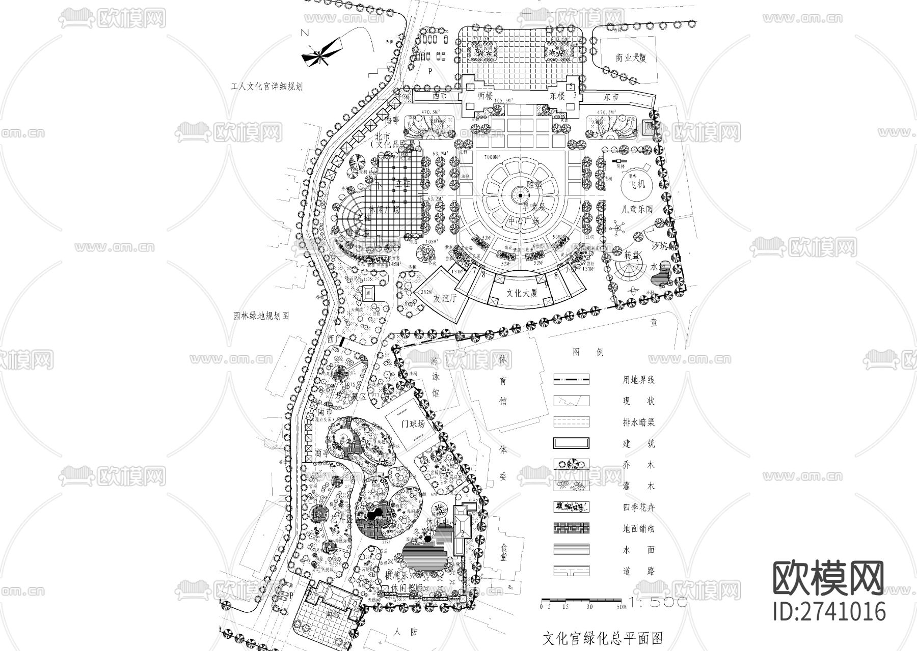 文化宫绿化cad平面图下载（渲染图1）