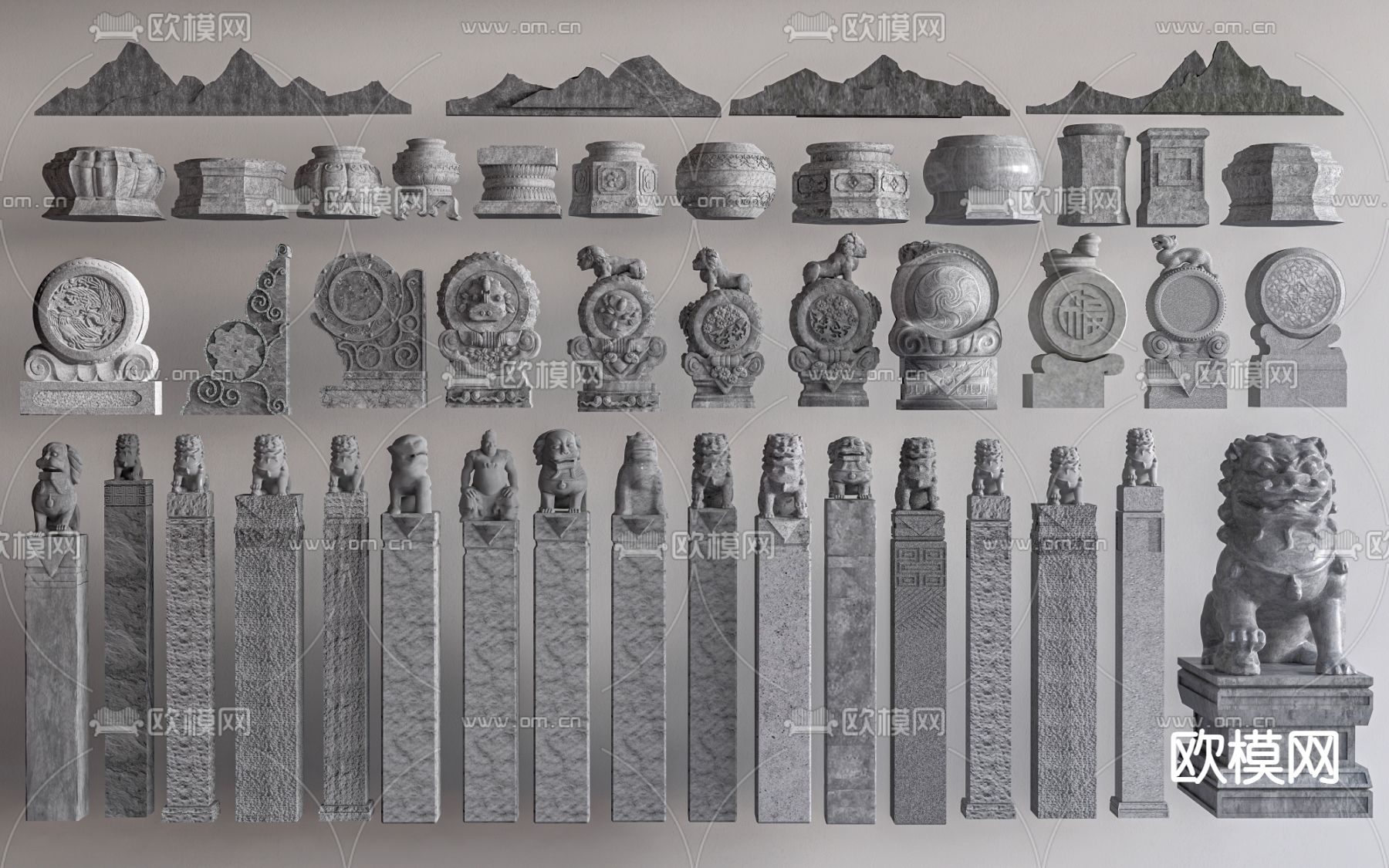 中式拴马桩 抱鼓石 石狮子su模型下载（渲染图1）