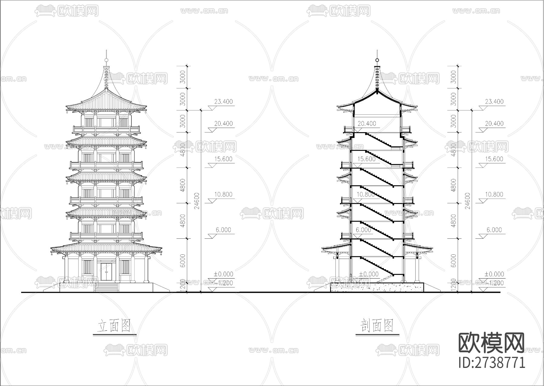 九层塔剖立面图cad施工图下载（渲染图3）