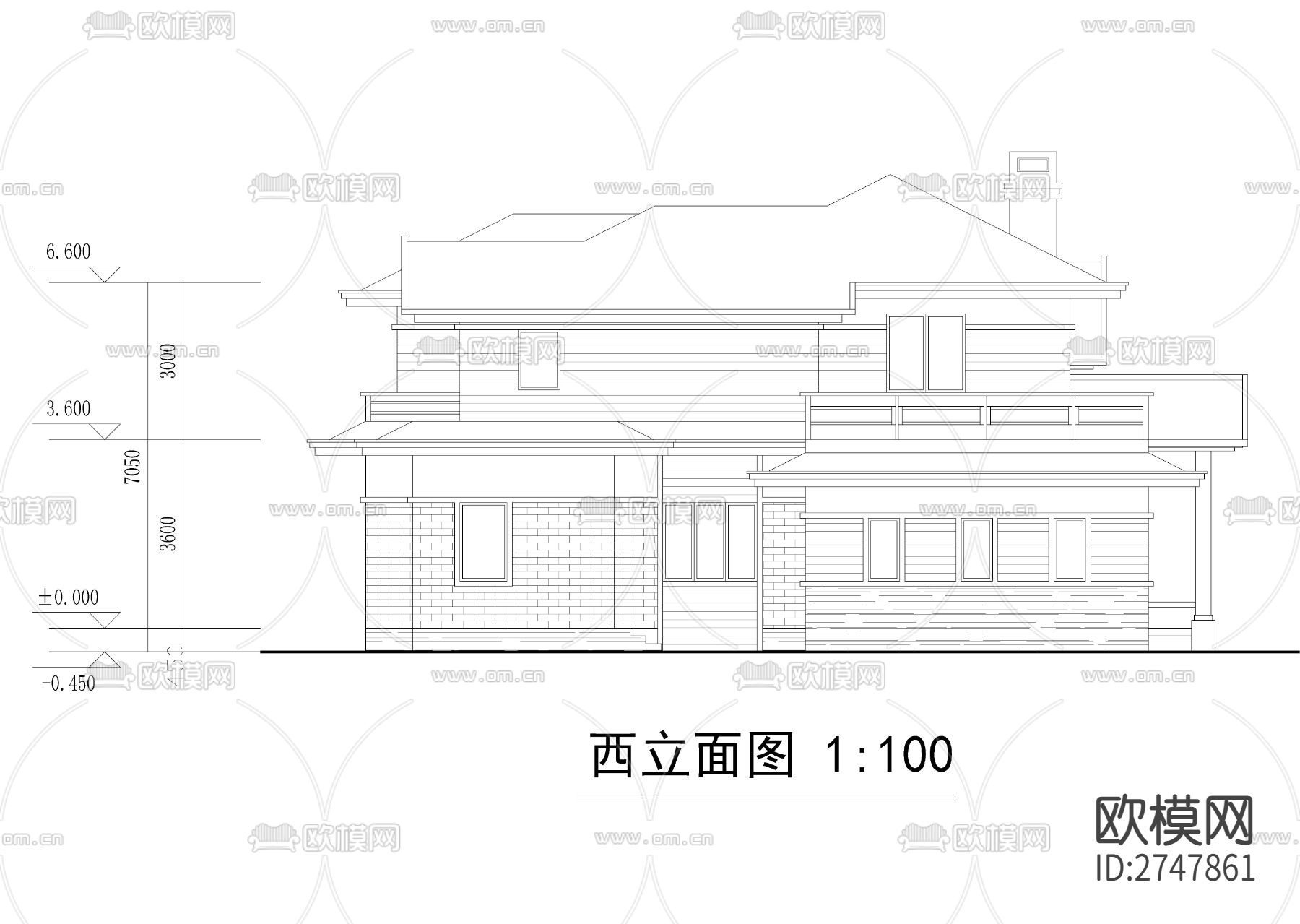 330平二层法式别墅建筑cad施工图下载（渲染图8）