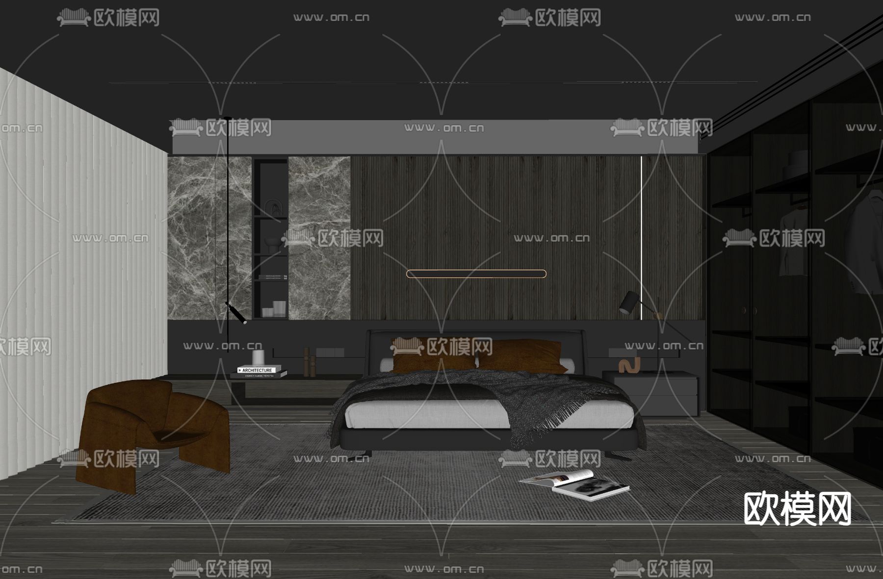 暗黑风卧室 主人房su模型下载（渲染图2）