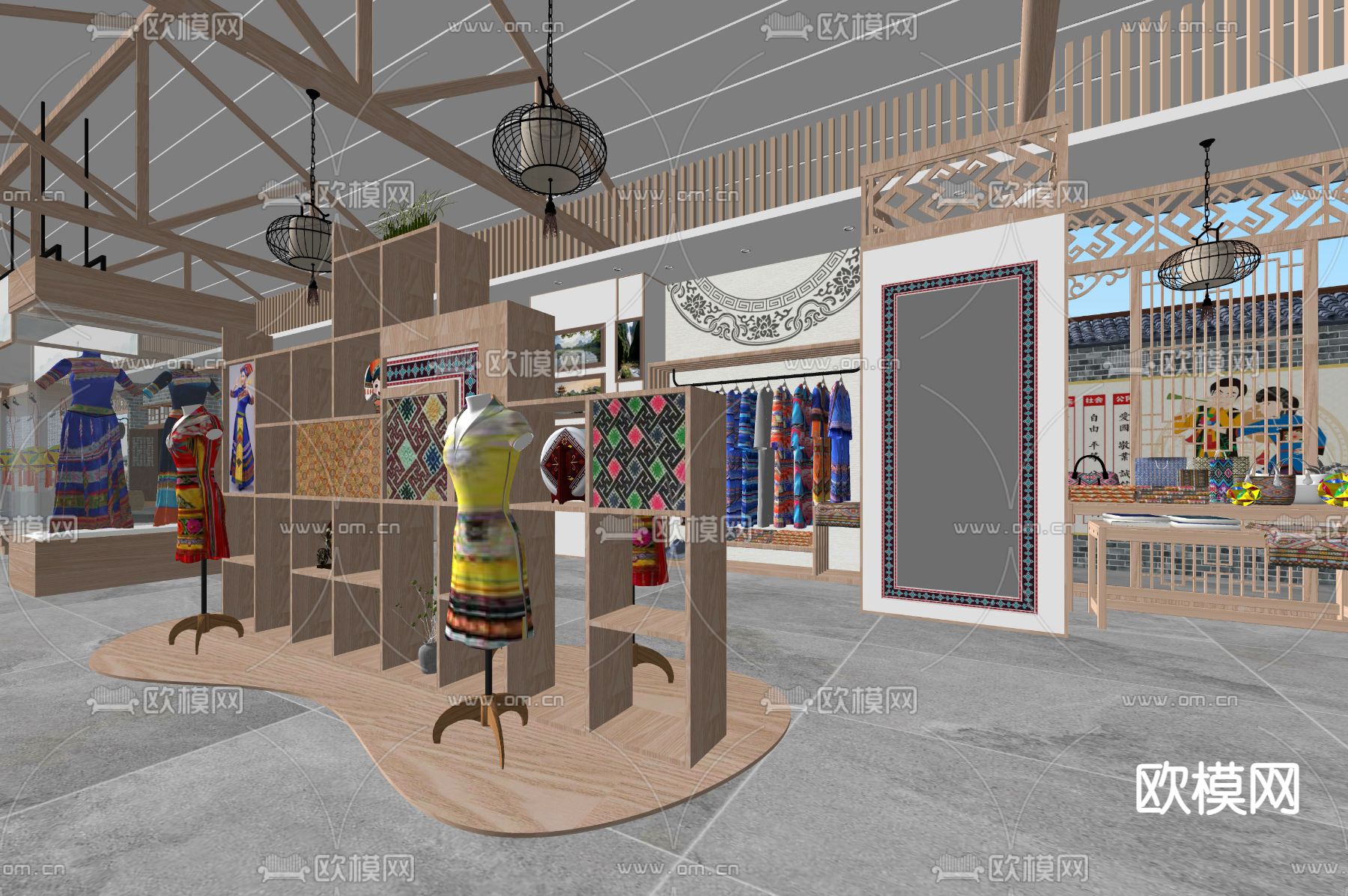 新中式民族衣服展厅su模型下载（渲染图3）