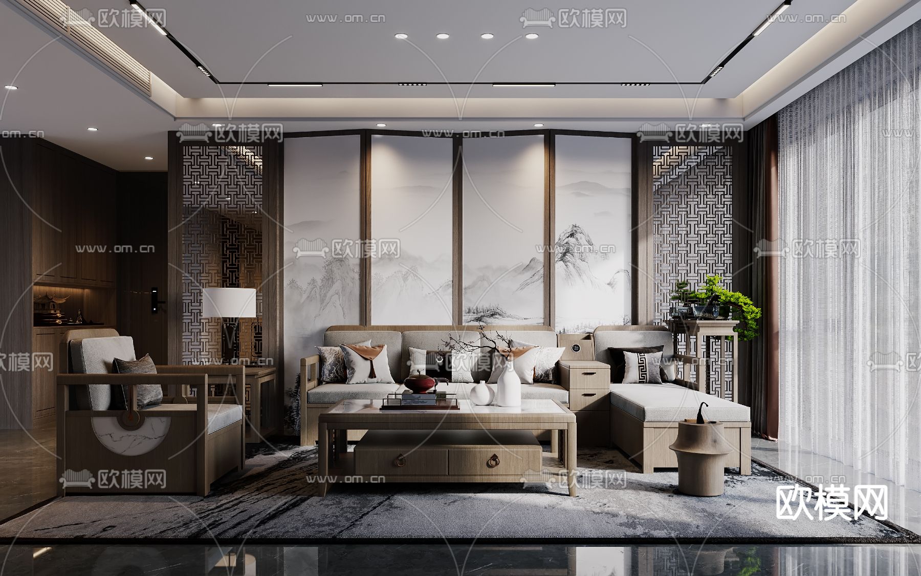 新中式客厅3d模型下载