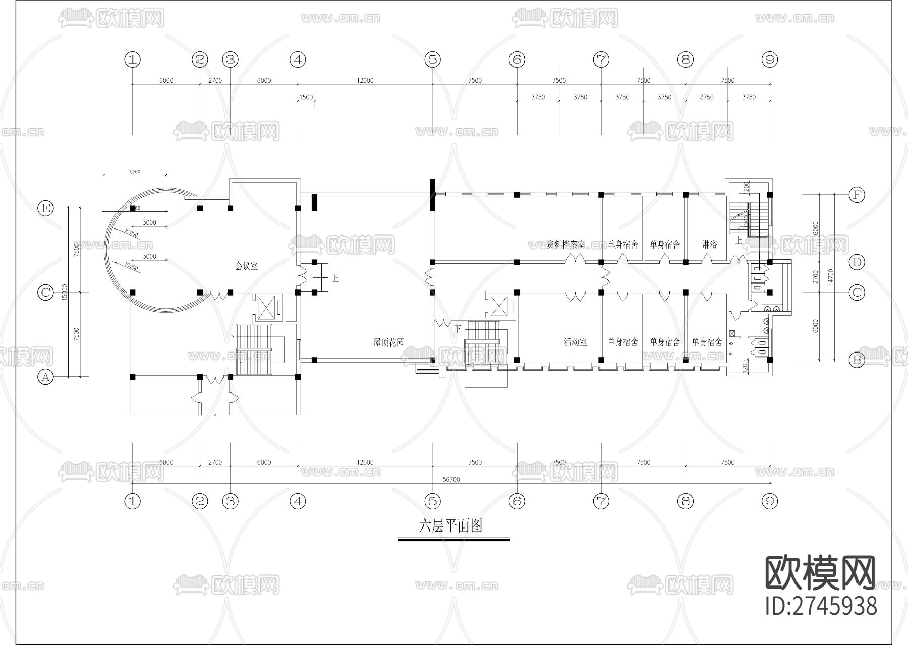 六层现代风格办公楼建筑图cad施工图下载（渲染图7）