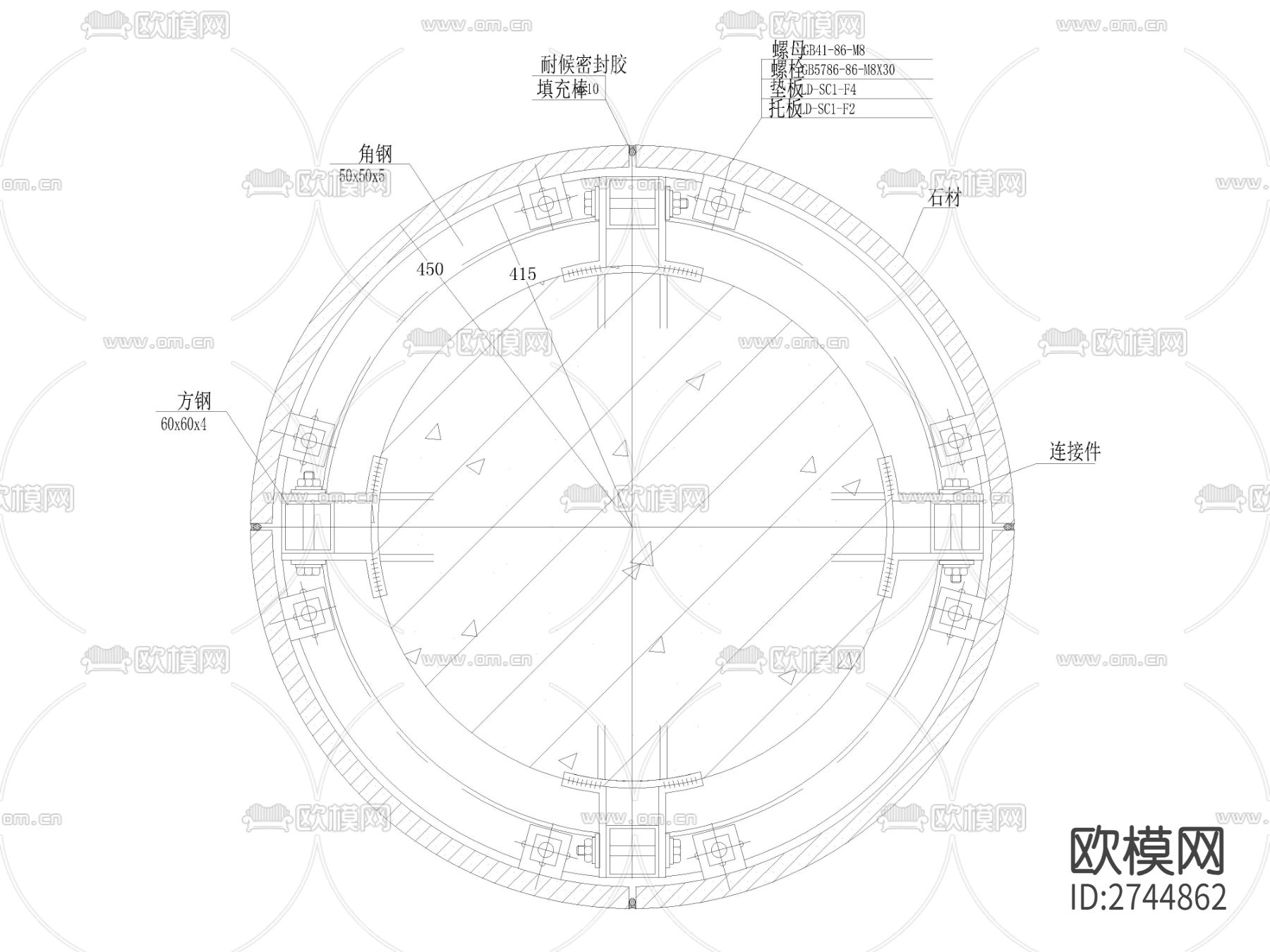 石材圆柱剖面cad大样图下载