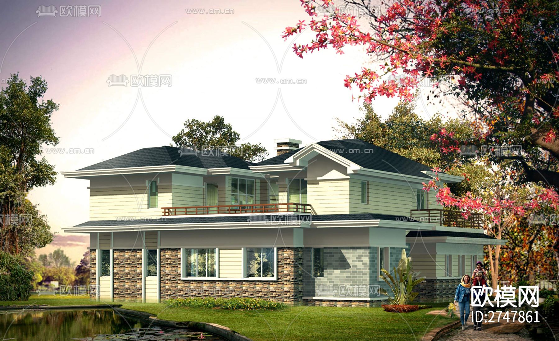 330平二层法式别墅建筑cad施工图下载（渲染图1）