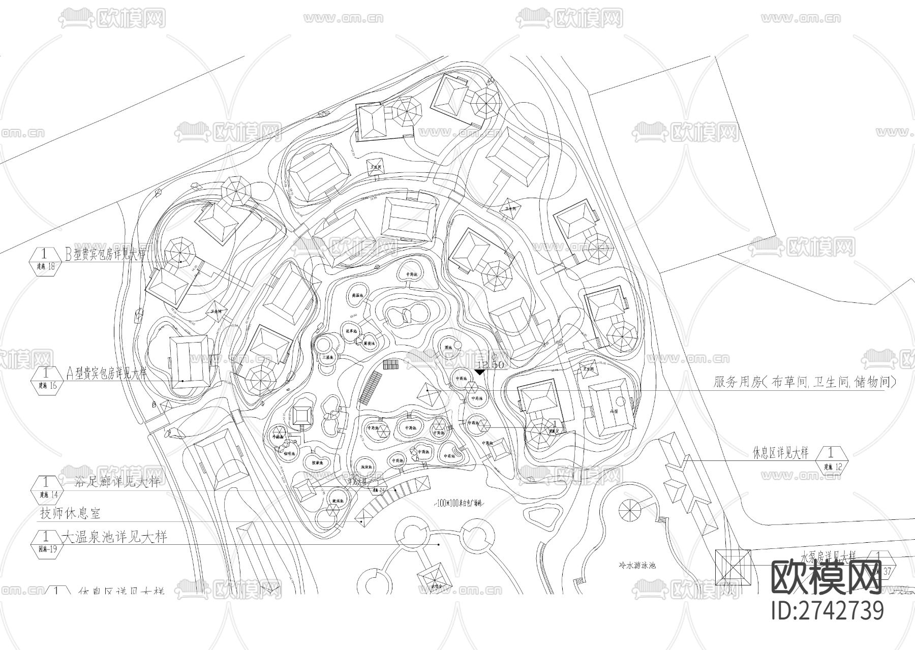 温泉度假城总体规划图和水泵房cad施工图下载（渲染图2）