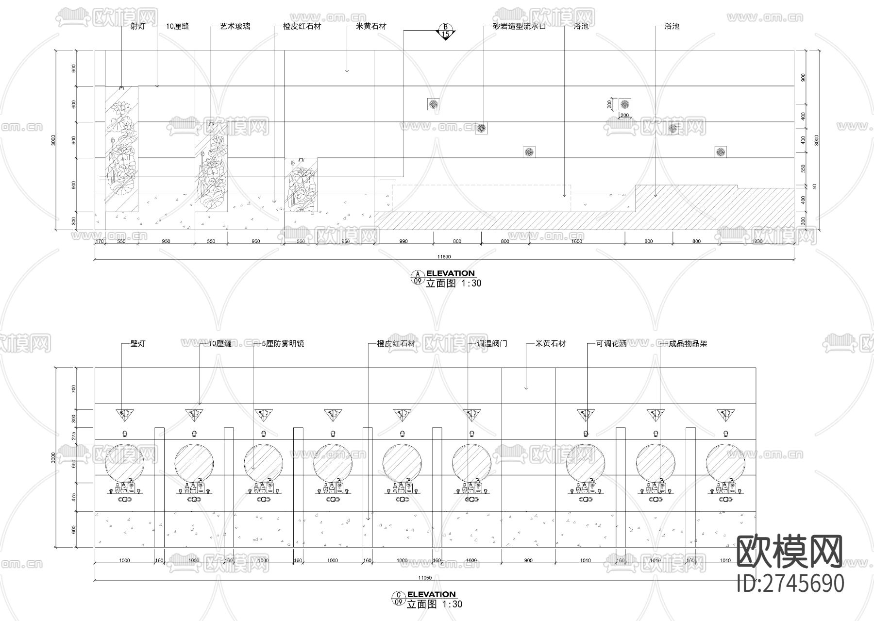 洗浴中心洗浴区全套装修cad施工图下载（渲染图9）
