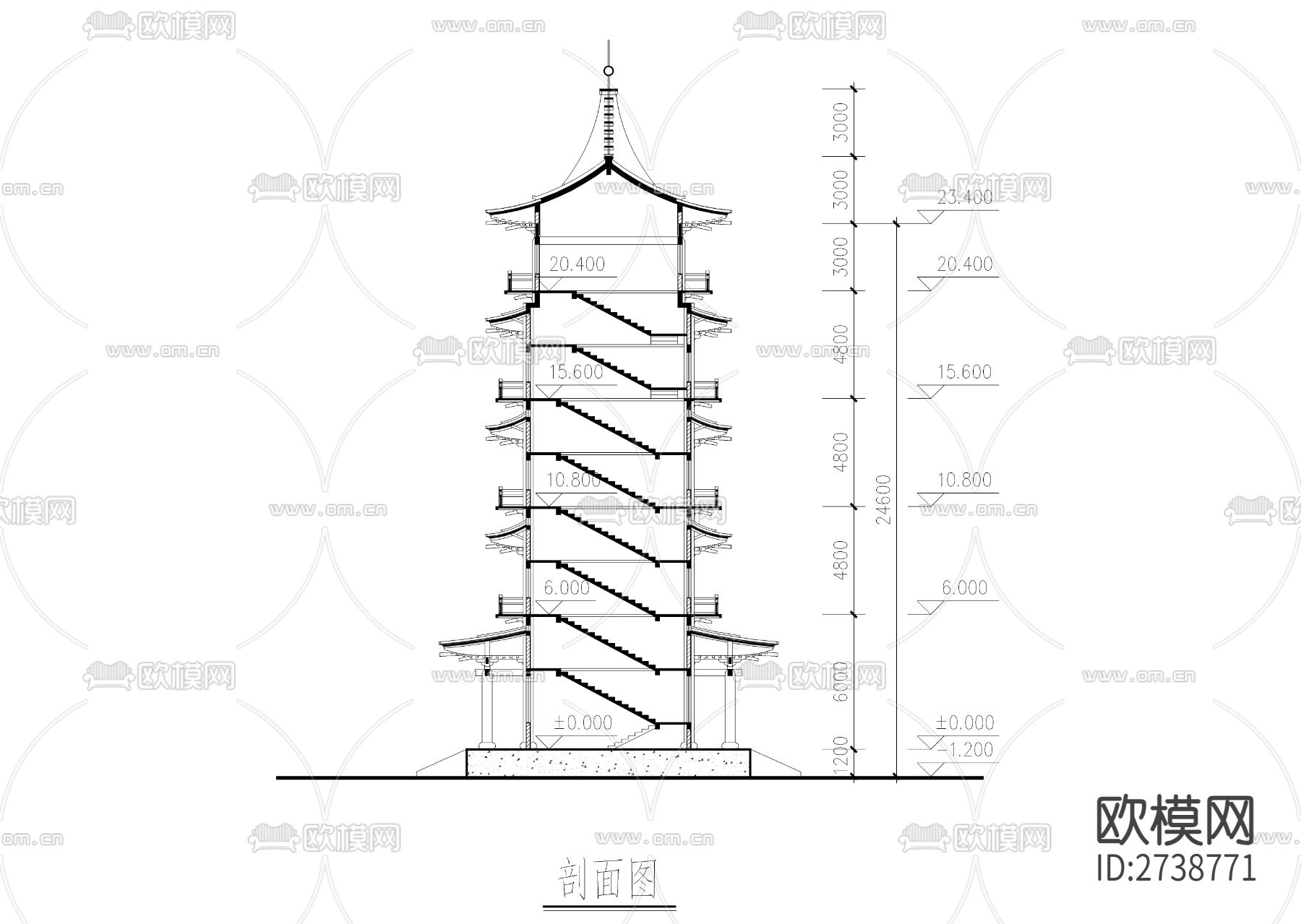 九层塔剖立面图cad施工图下载（渲染图2）