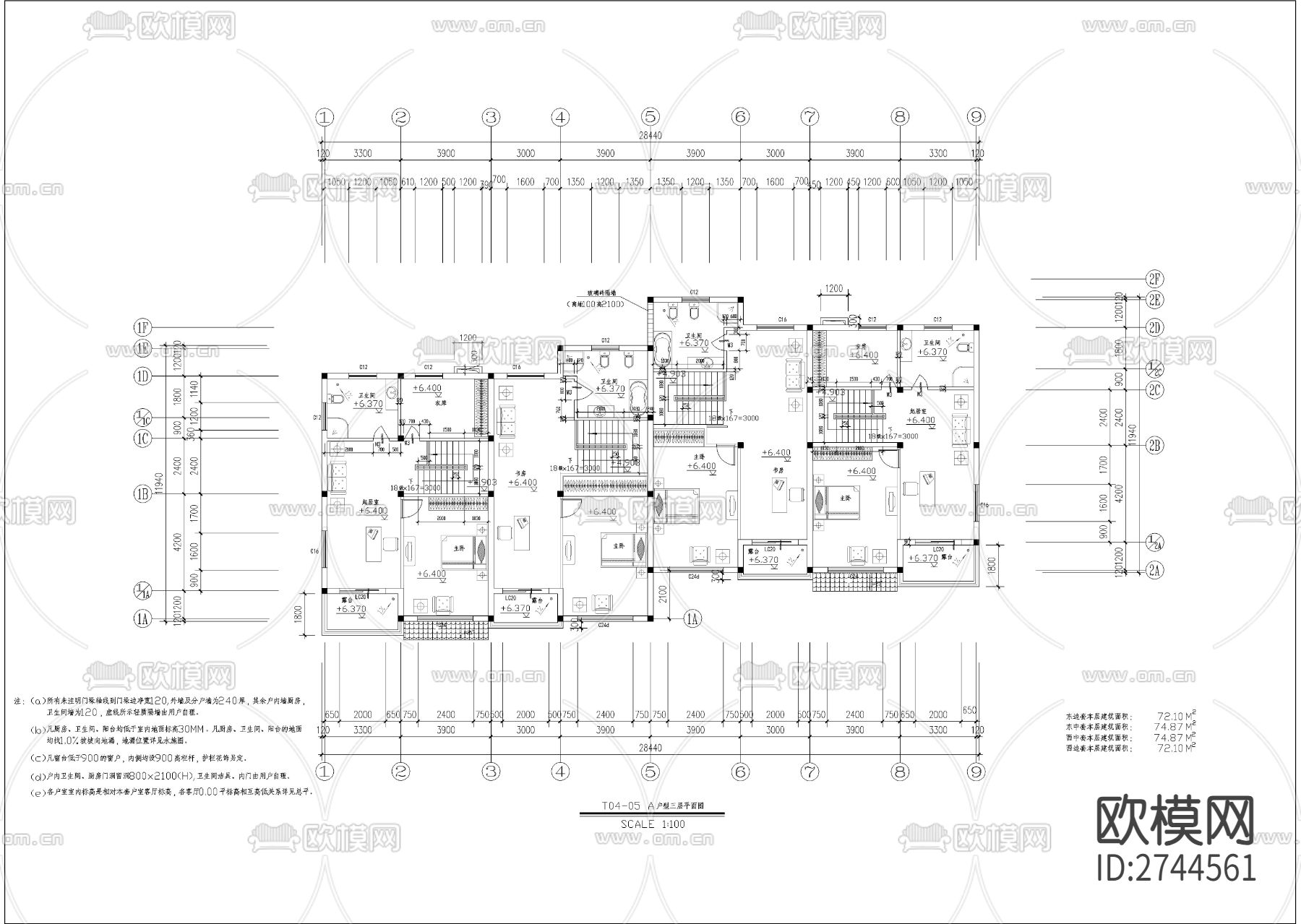 三层古典坡屋顶联排别墅CAD施工图下载（渲染图6）