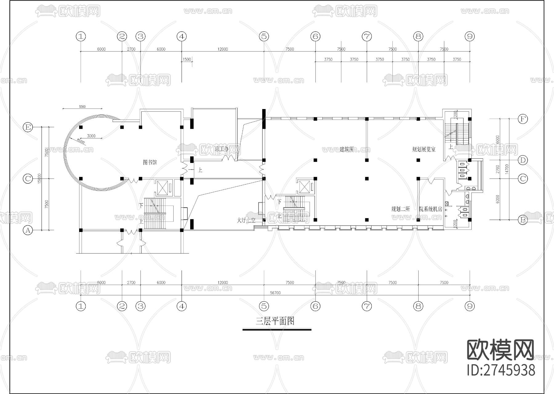 六层现代风格办公楼建筑图cad施工图下载（渲染图2）