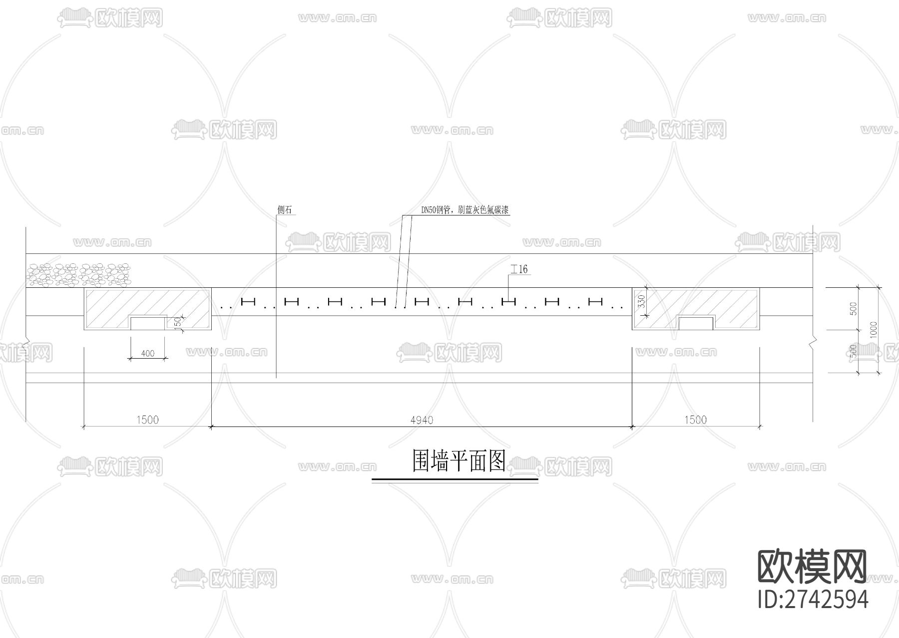 三款围墙设计cad大样图下载（渲染图2）